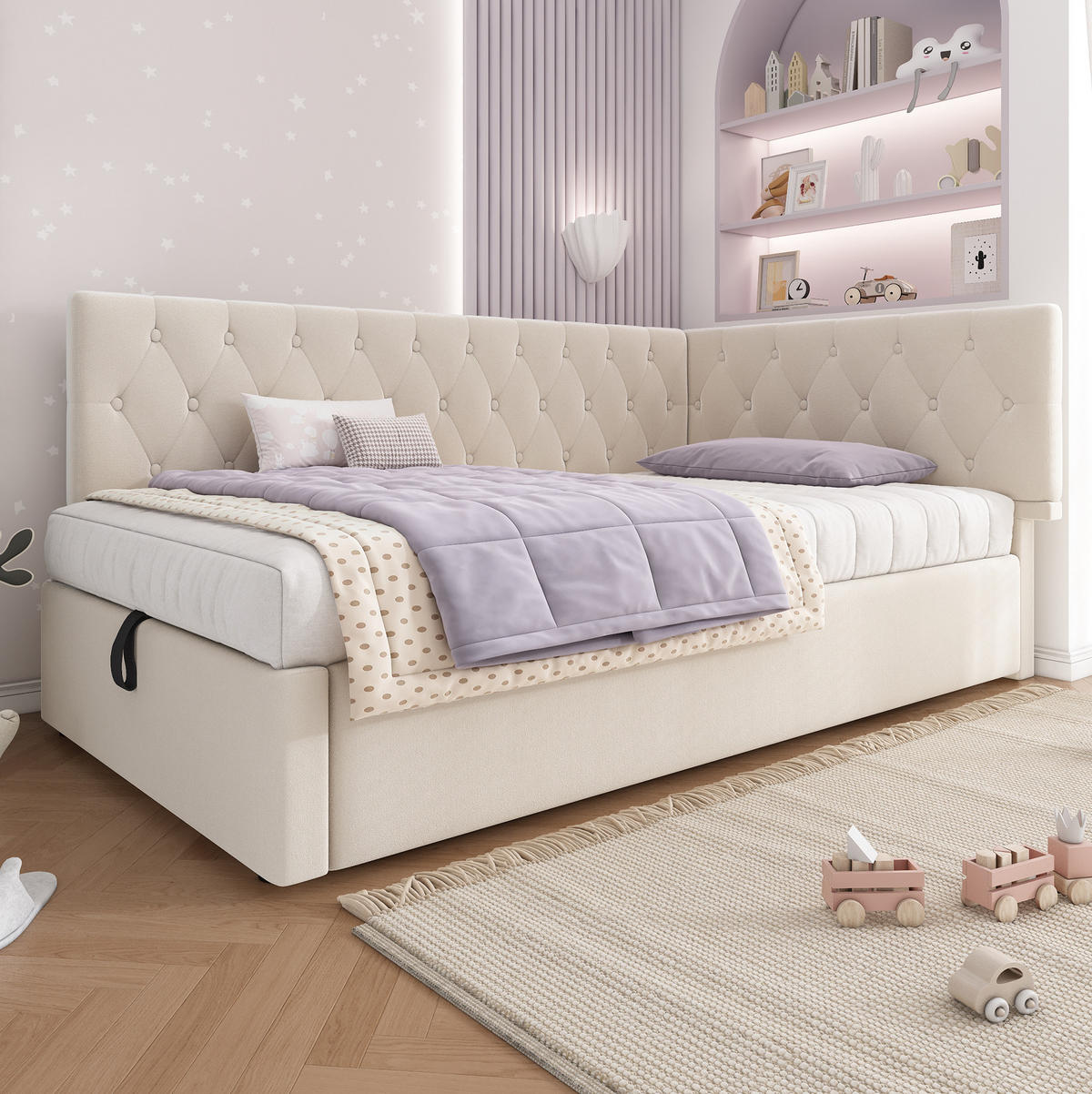 POLSTERBETT aus Samt 90x200 cm Beige mit hydraulischem Bettkasten und Lattenrost - Beige, Textil (90/200cm) - IVMEU
