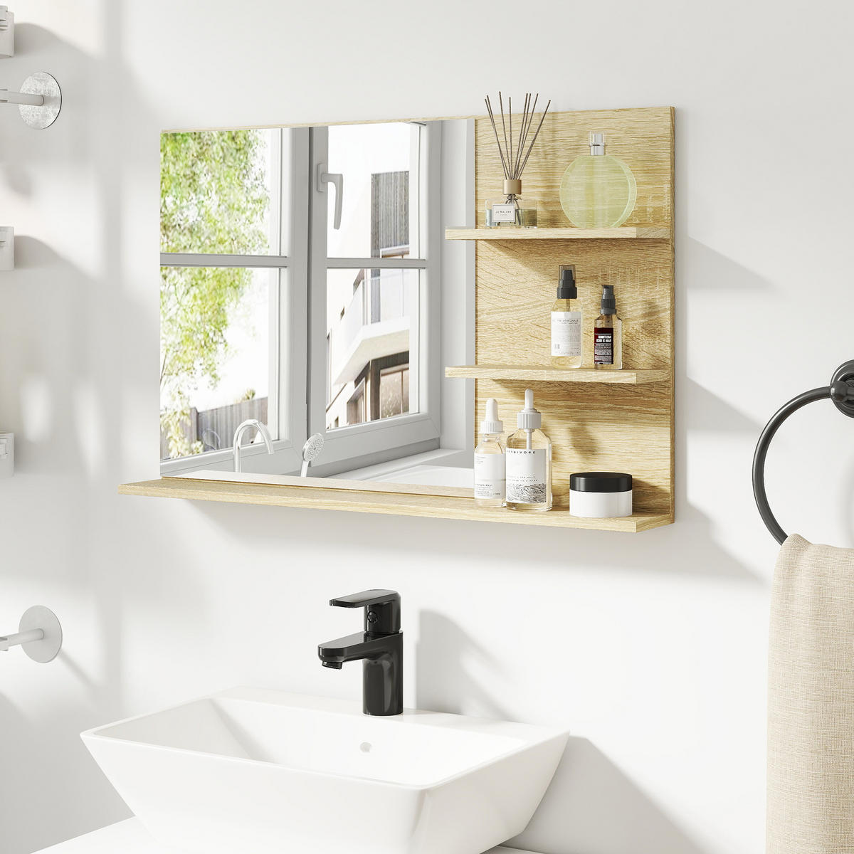 BADEZIMMERSPIEGEL mit zwei seitlichen Ablagen und einer unteren Ablage,75 x 10 x 48 cm ,Holzfarbe - Braun, Glas (10/48/75cm) - Vallsero
