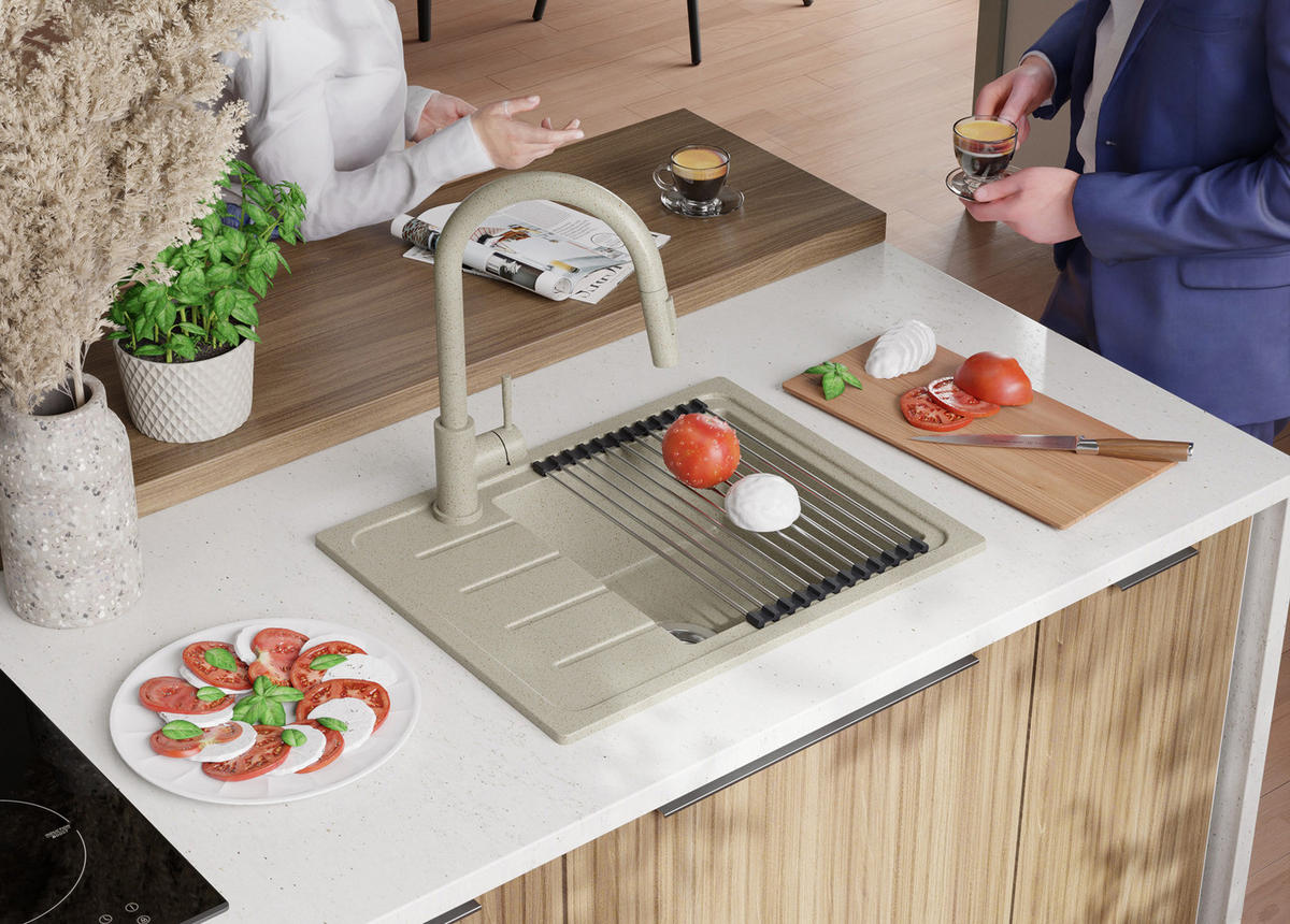 SPÜLBECKEN Kopenhagen Easy, 2-er set Beige 55/44 cm 1 Becken + Ablauf-Set ab 45er Unterschrank - Chromfarben/Beige, Kunststoff (55/17/44cm) - Primagran