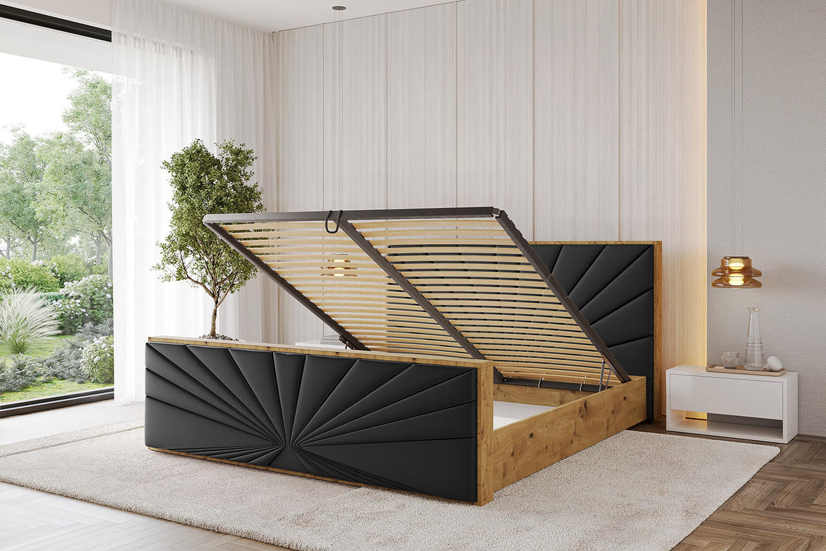 POLSTERBETT mit Bettkasten, Fußteil und Lattenrost, Boxbett mit Matratze H3/H4 - ENZO6-Z 200x200 Schwarz Kunstleder - Schwarz Hochglanz, Holzwerkstoff/Textil (200/200cm) - ALTDECOR