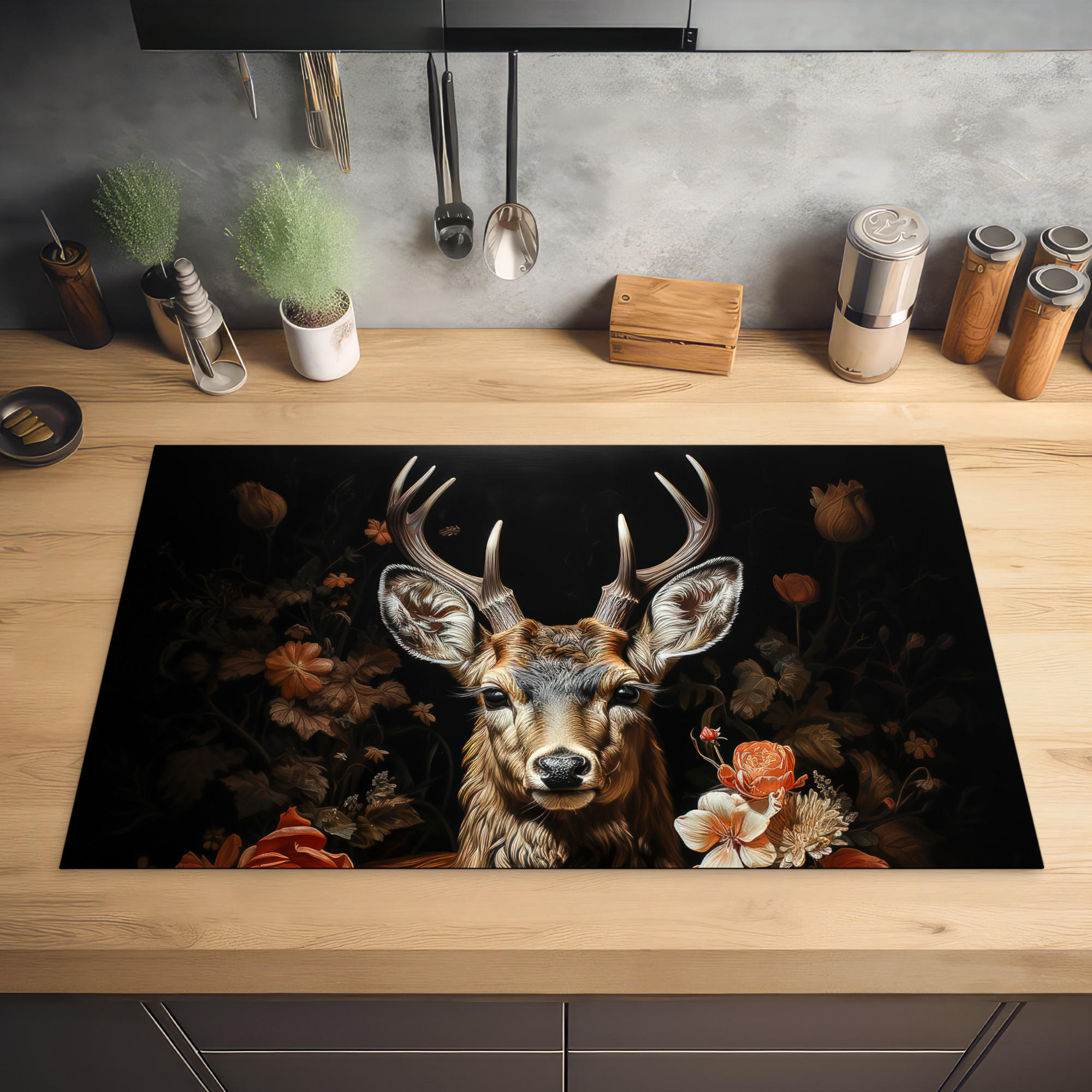 HERDABDECKPLATTE Hirsch - Tier - Blumen - Natur - Botanisch 85x52 cm - Kupferfarben, Kunststoff (85/0.2/52cm) - MuchoWow