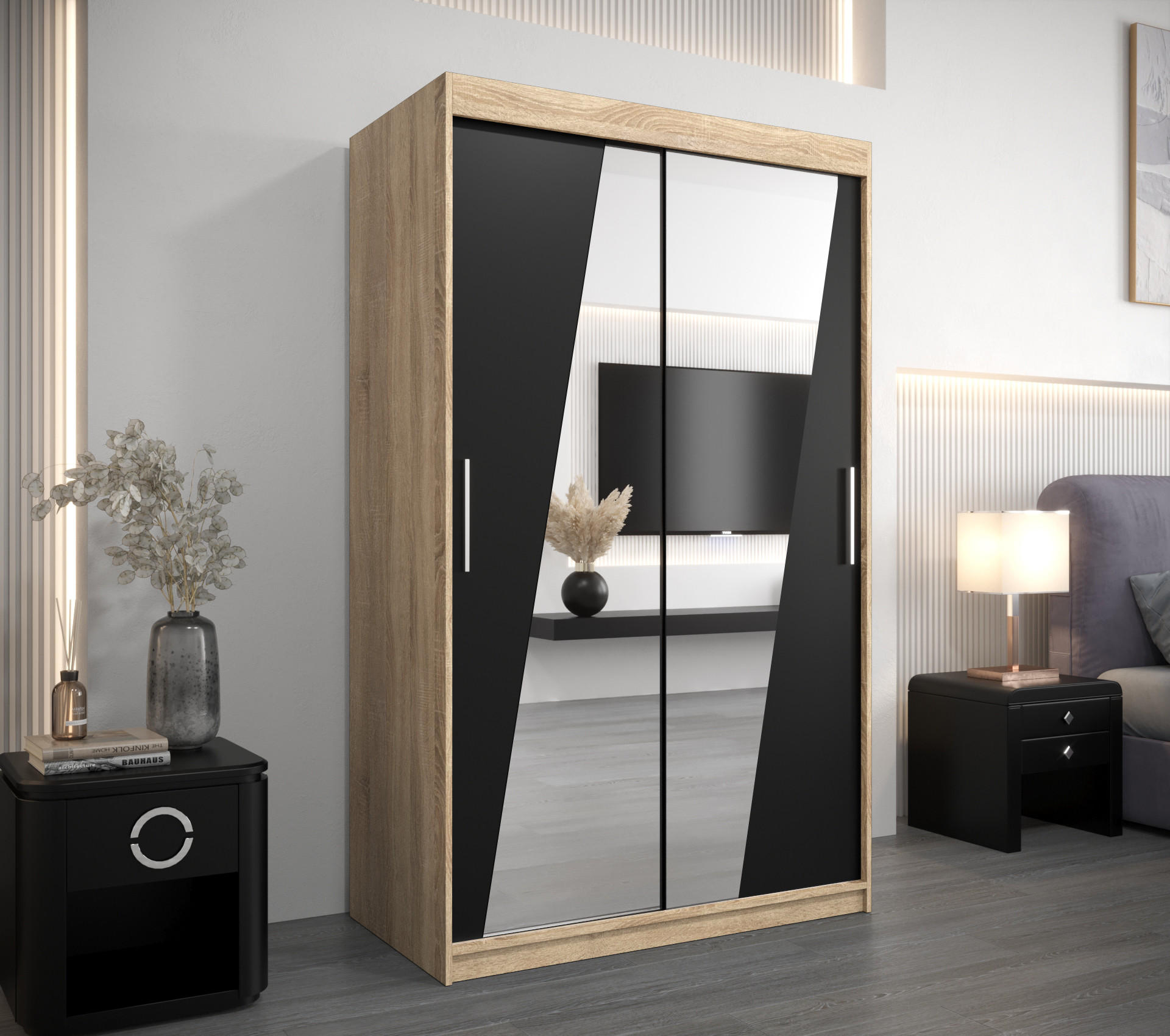 SCHWEBETÜRENSCHRANK 200/120/62 2-türig - Silberfarben/Schwarz, Holz/Kunststoff (120/200/62cm) - Abiks Möbel