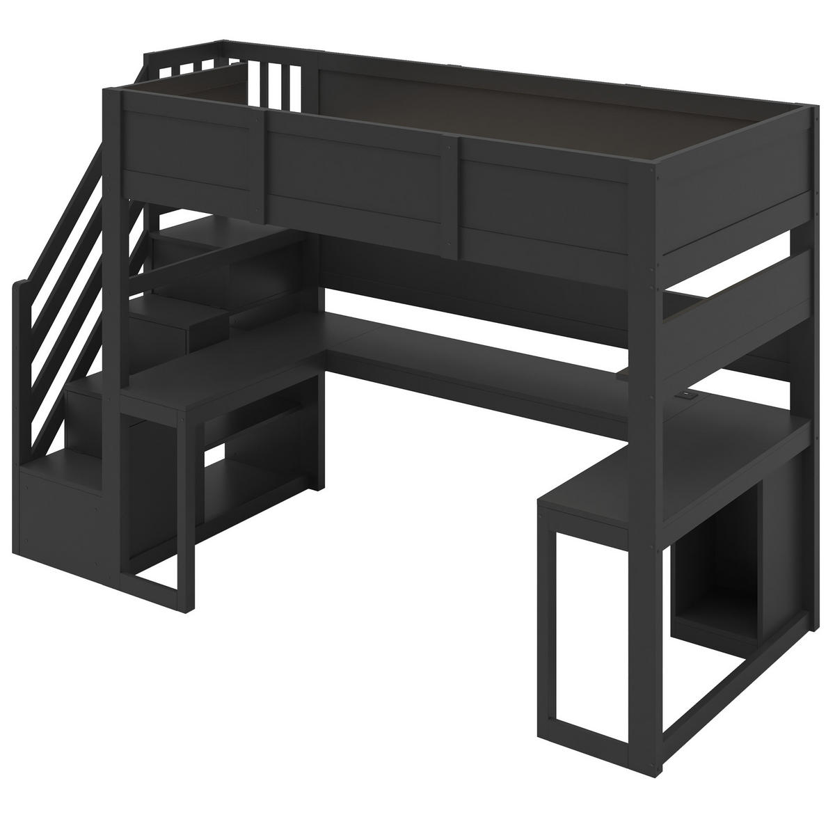 HOCHBETT aus MDF und Sperrholz 90x200 cm Schwarz mit Gaming-Schreibtisch, Stauraumtreppe, LED und USB-Anschluss - Schwarz, Holzwerkstoff (90/200cm) - Modfu