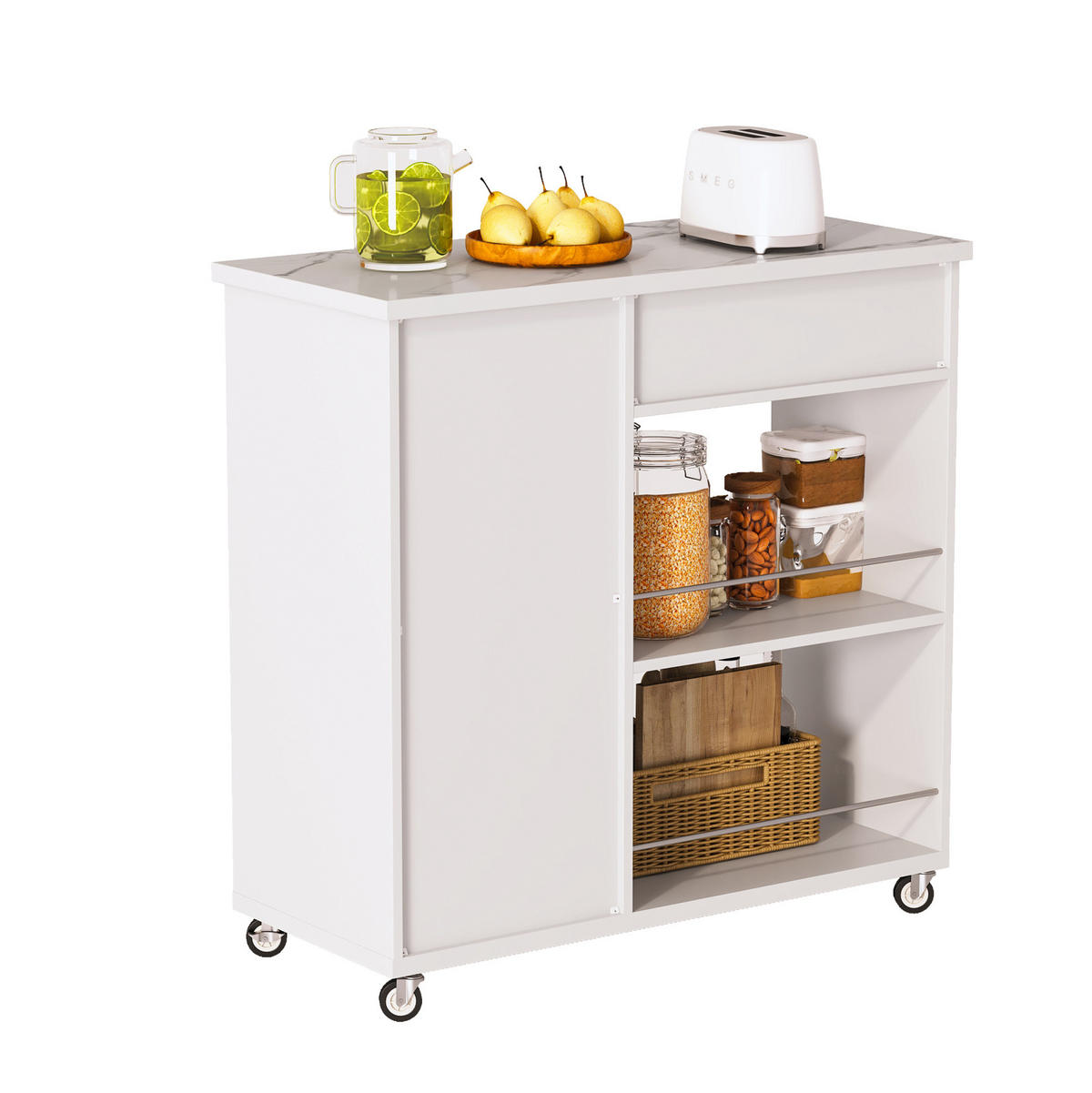 KÜCHENWAGEN mit Marmor-Optik 90 x 62 x 90 cm Weiß - Weiß, Holz (40/89.5/96cm) - Beauniv