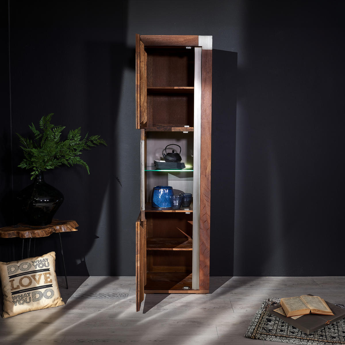 VITRINE Mango 55x45x204 braun lackiert Amsterdam #20 - Braun, Holz (55/204/45cm) - Massivmoebel24