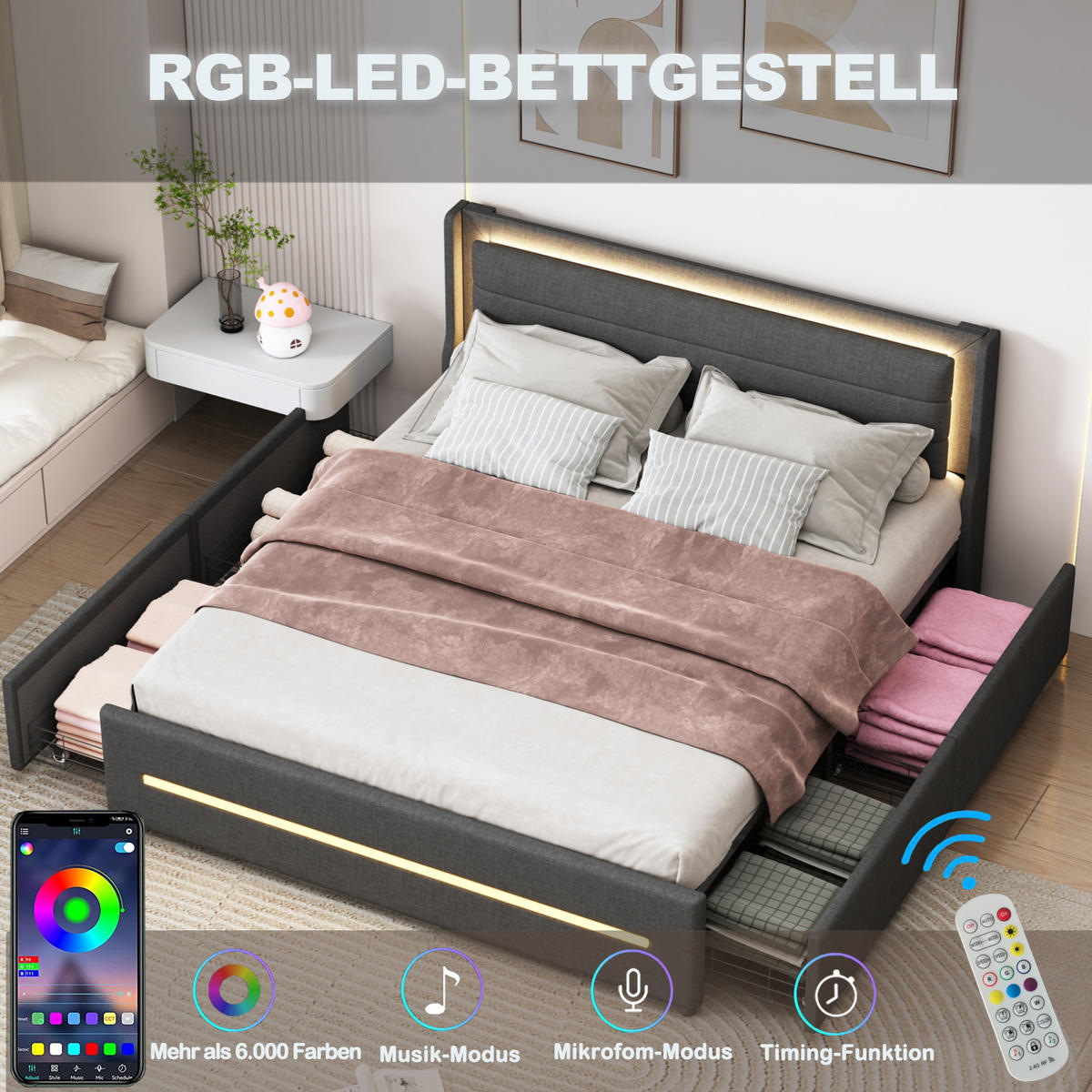 POLSTERBETT 160/200 cm in Grau Leinen mit LED und 4 Schubladen - Grau, Holzwerkstoff/Textil (160/200cm) - WISHDOR