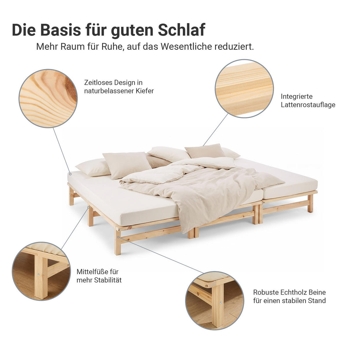 HOLZBETT Familienbett 270/200 cm natur + Lattenrost - Braun, Holz (270/200cm) - Homestyle4u