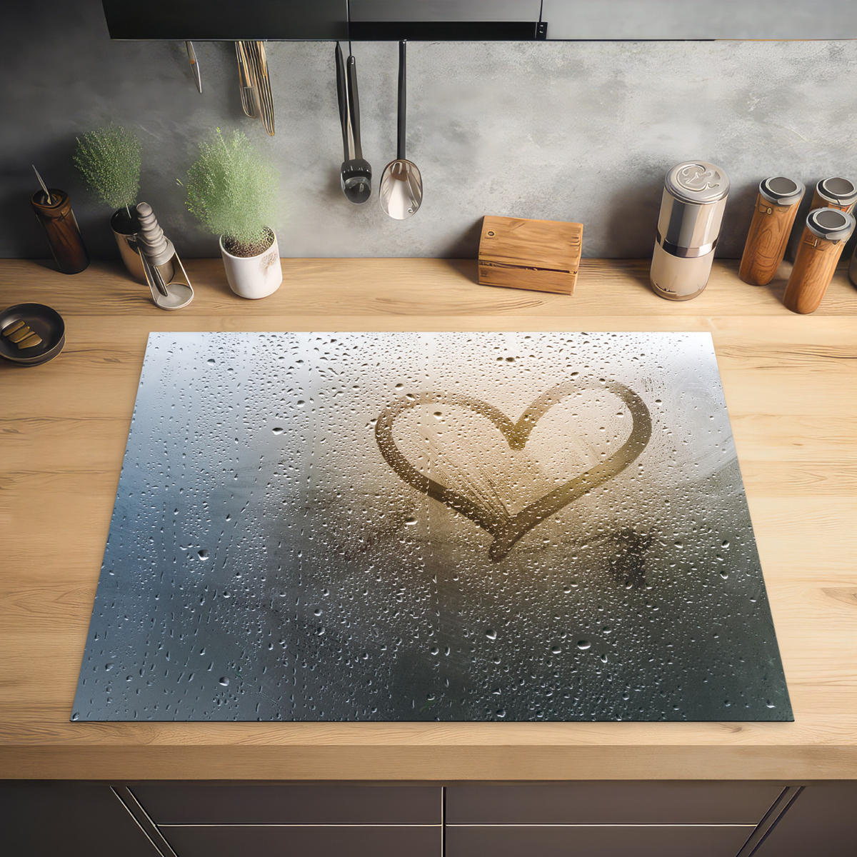 HERDABDECKPLATTE Herz - Kondenswasser - Wasser - 3D Induktionsmatte 77x59 cm - Grau, Kunststoff (77/59/0.2cm) - MuchoWow