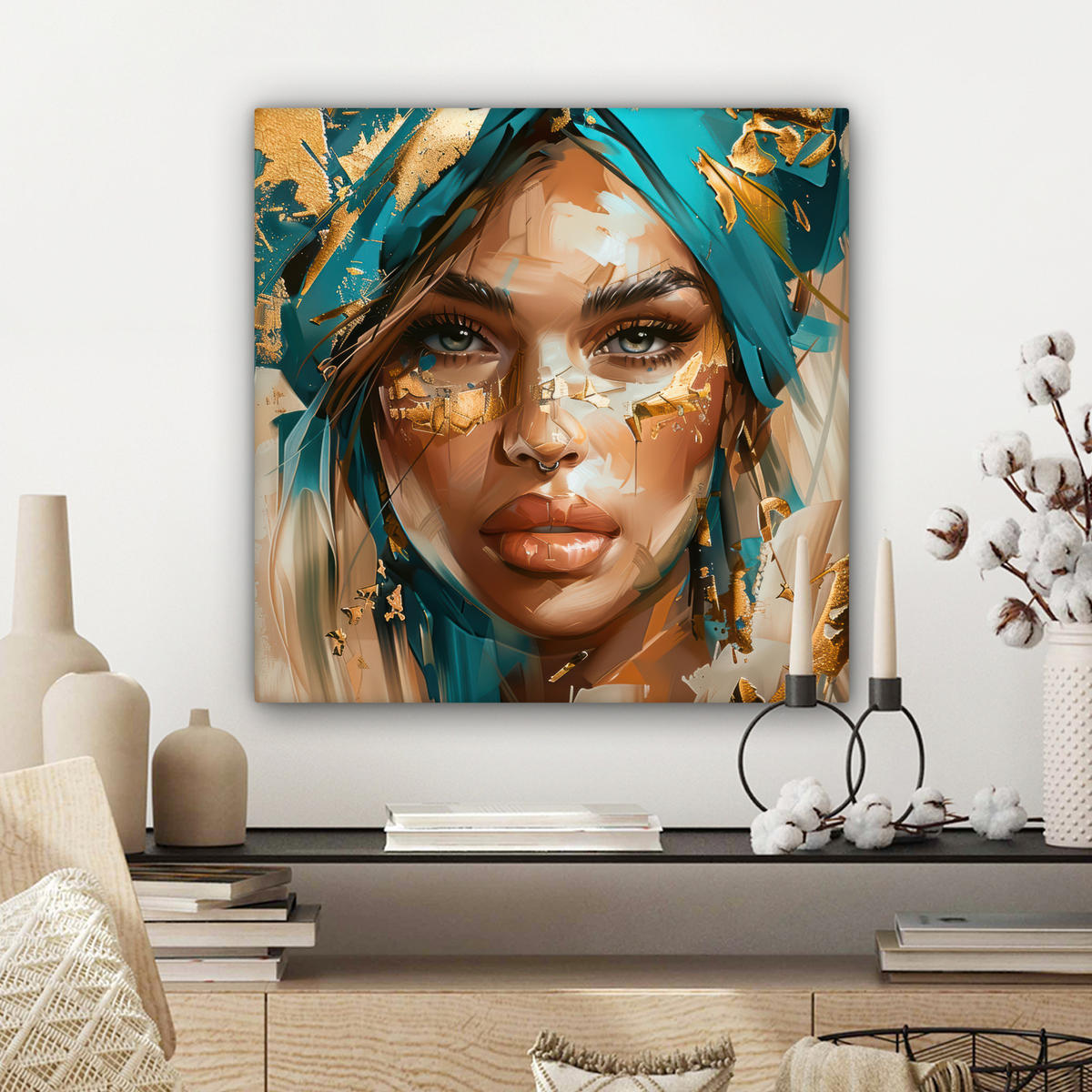 OBRAZ NA PLÁTNE Žena - Portrét - Zlato - Luxus - Modrá 50x50 cm - tyrkysová, textil (50/50cm) - MuchoWow