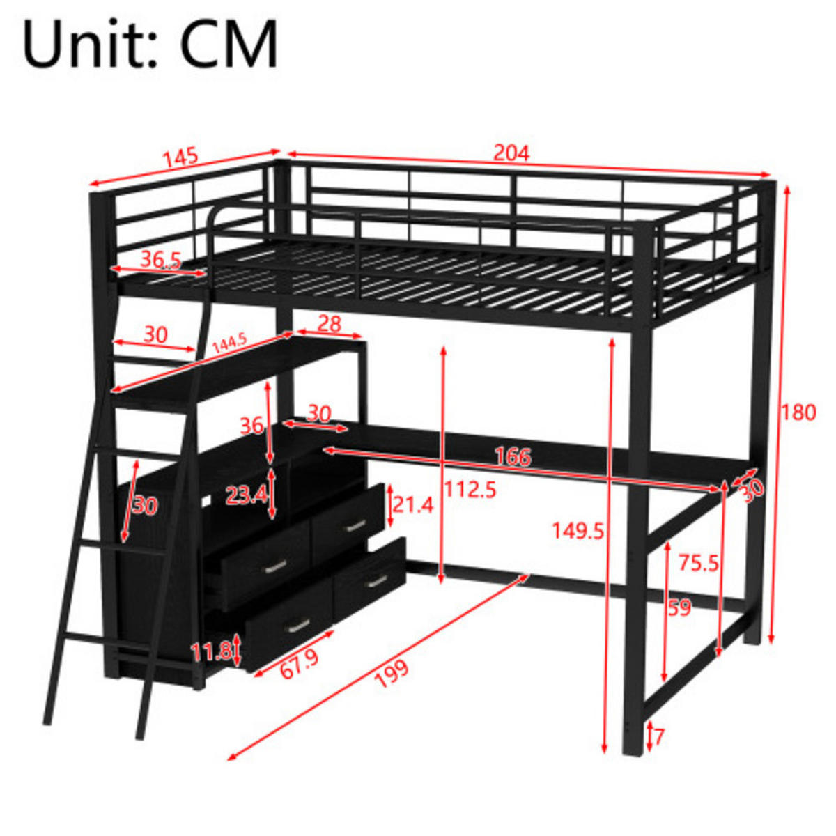 HOCHBETT 140 × 200 cm mit Metallrahmen, L-förmigem Schreibtisch und 4 Schubladen, schwarz - Schwarz, Metall - Luhomfu