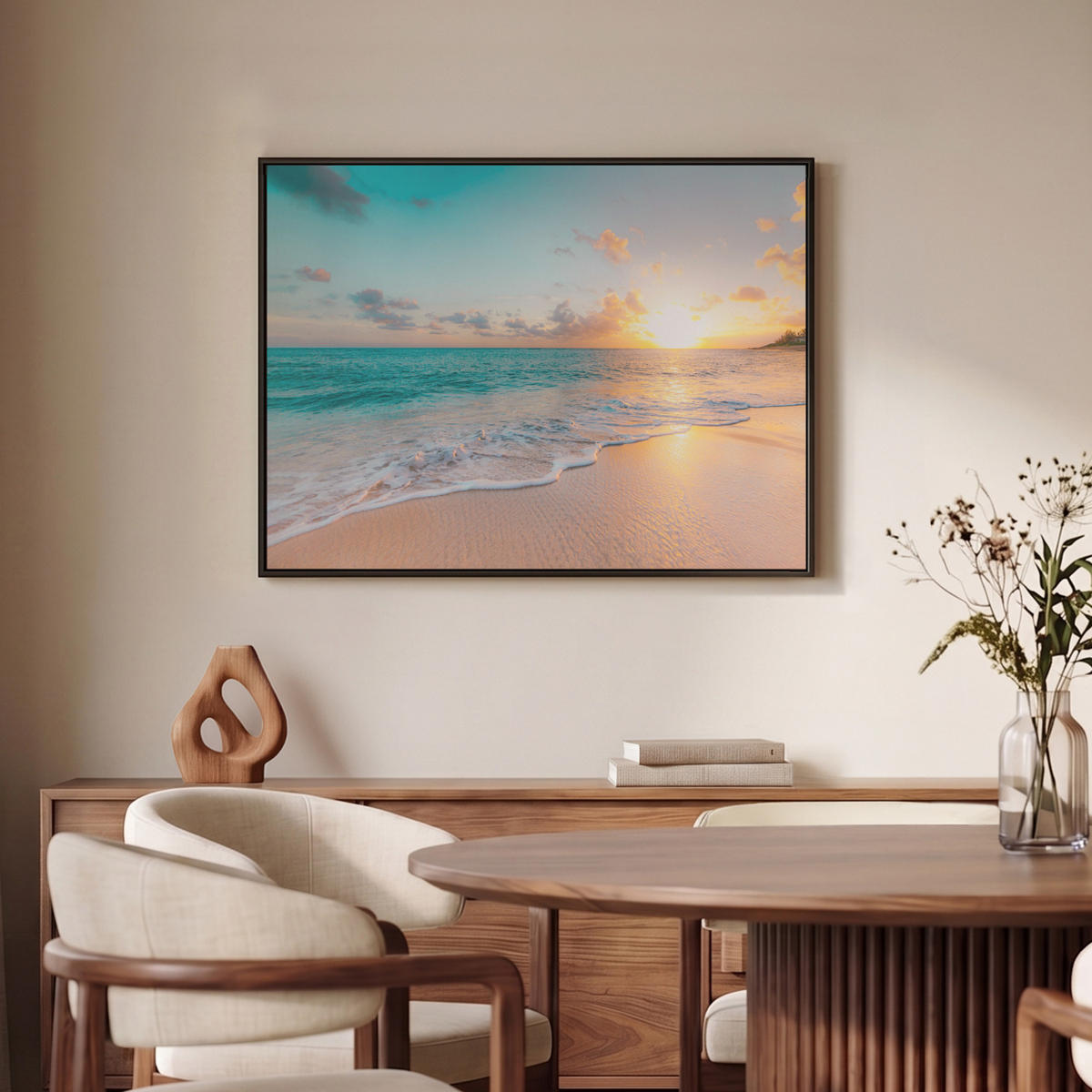 LEINWAND Bilder mit Rahmen - Sonnenuntergang - Strand - Meer - Sommer - Blau - 70x50 - Multicolor, Textil (70/50cm) - MuchoWow