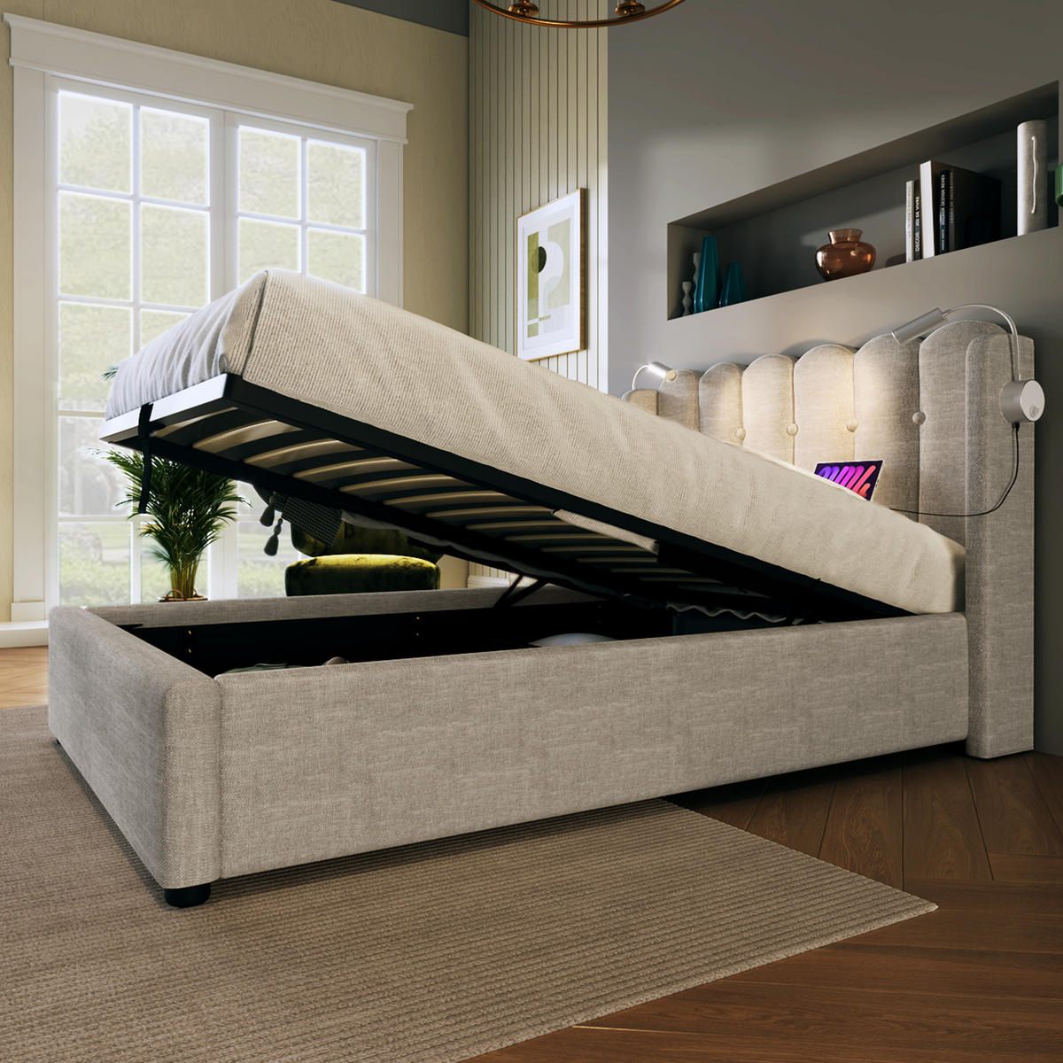 BETT mit Bettkasten und Matratze 90x200 cm Leinen Beige, mit Leselicht und USB - Beige, Metall (90/200cm) - Beauniv