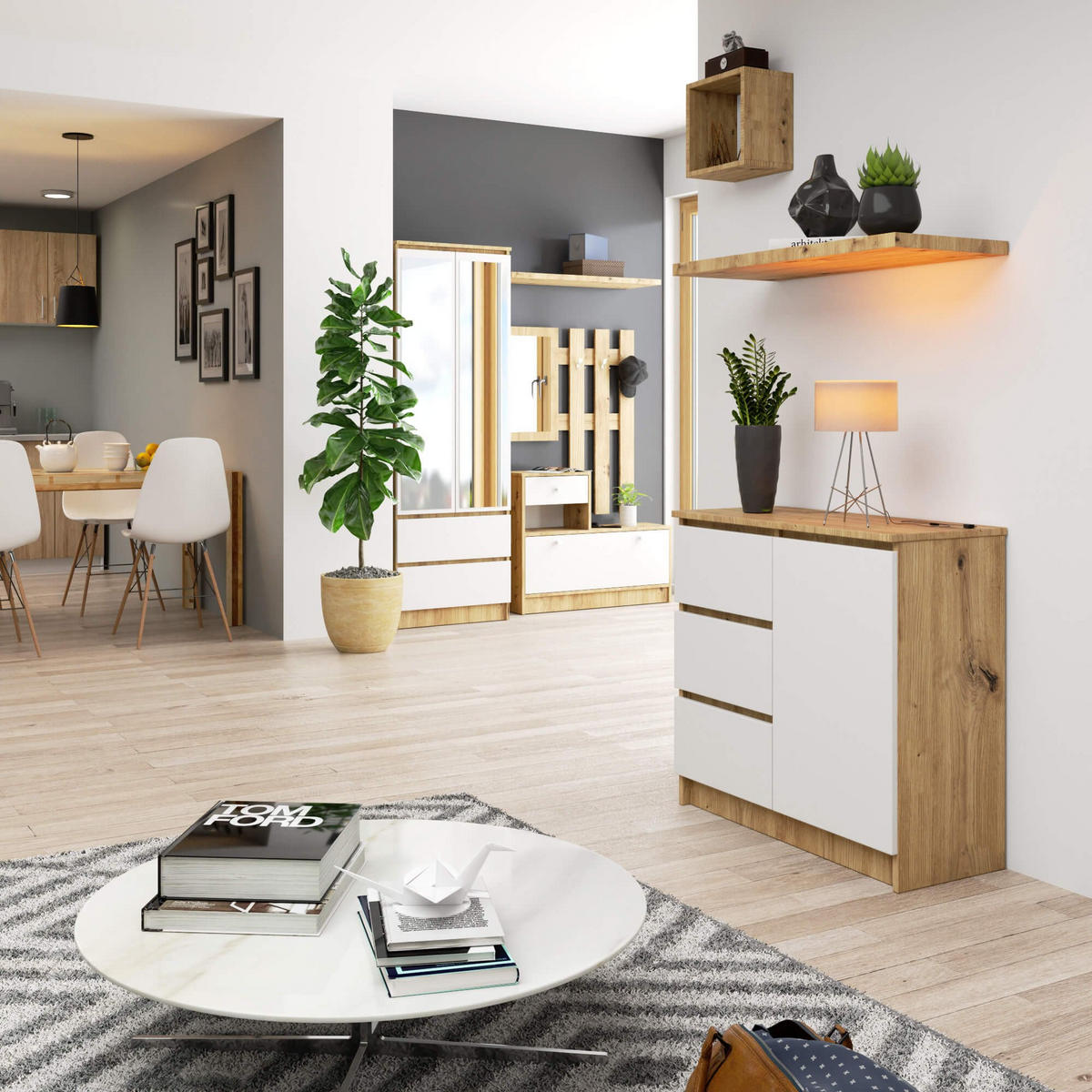 KOMMODE Jerry, Artisan-Weiß, 35x80x77 cm - Eiche Artisan/Weiß, Holz (80/77/35cm) - Milordbikes