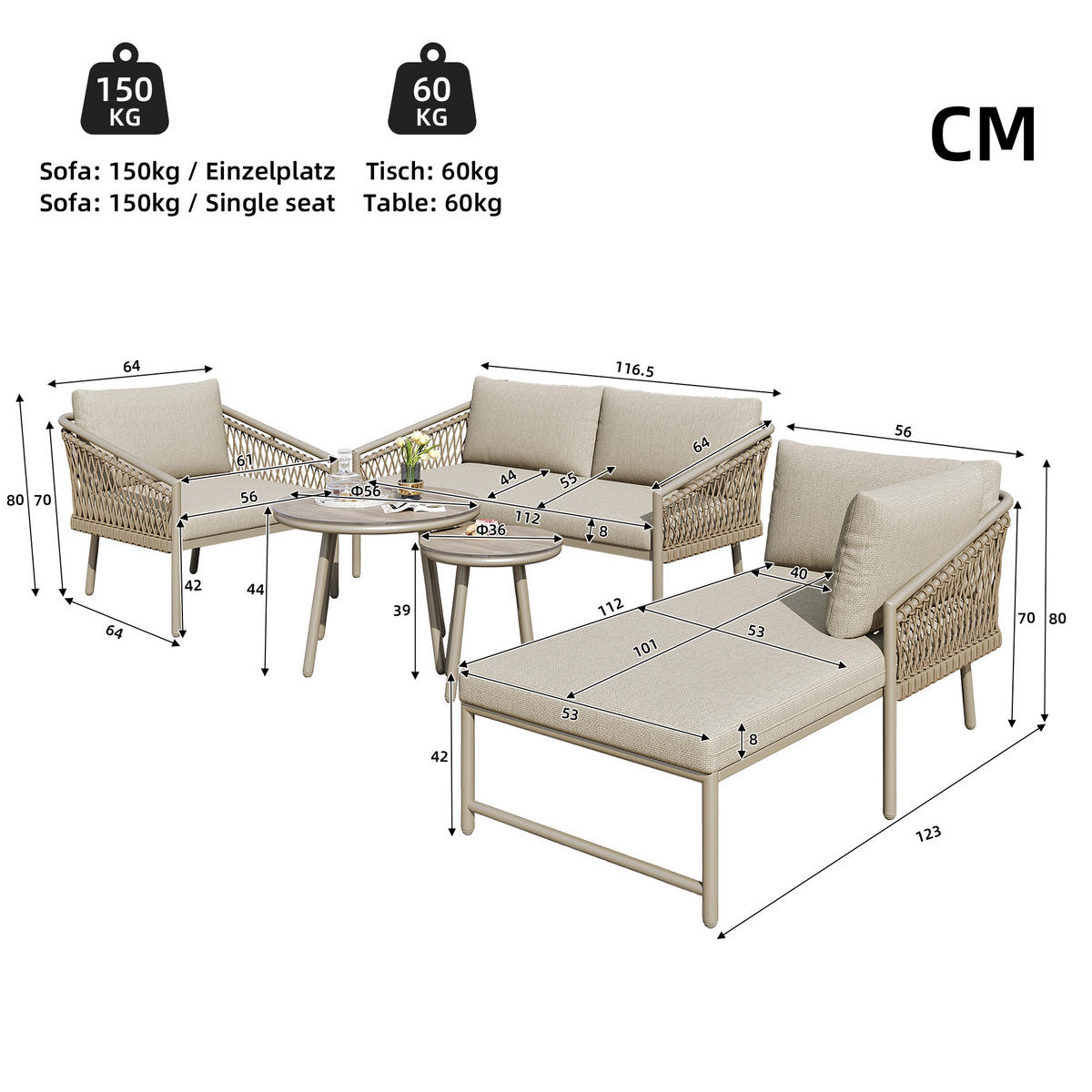 LOUNGESET Modern Khaki Handgewebtes Seil - Hellbraun, Metall - FLIEKS