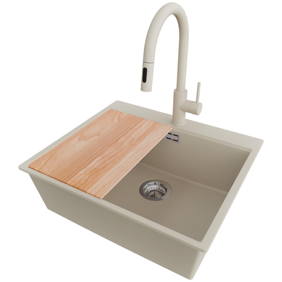 GRANITSPÜLE Oslo, 2-er set Beige 58/50 cm 1 Becken + Küchenarmatur 40/20 cm + Ablauf-Set + Schneidebrett ab 60er Unterschrank - Chromfarben/Beige, Kunststoff (58/20/50cm) - Primagran