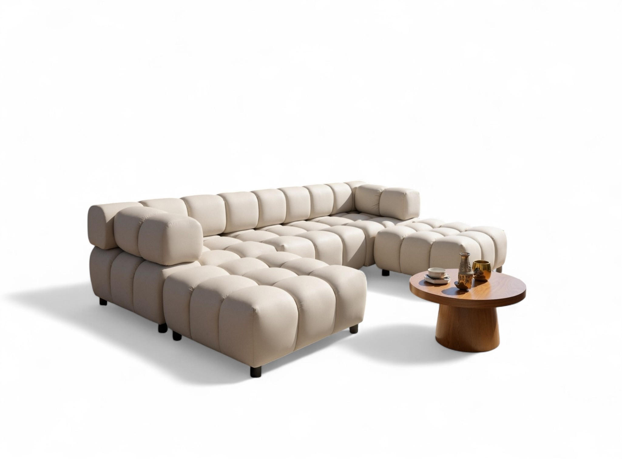 SOFA 3-sitzer Und 2-polsterhocker Flow - Creme, Holzwerkstoff/Textil (288/71/96cm) - Fun Möbel