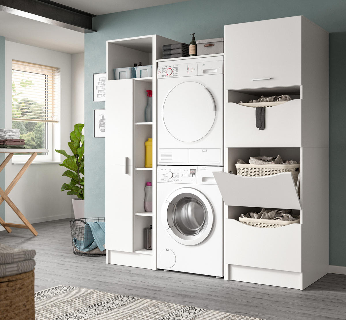 WASCHMASCHINENSCHRANK weiß Set 3-teilig 176 cm, Waschmaschinenumbau mit Stauraum - Silberfarben/Weiß, Glas/Holzwerkstoff (176/195/68cm) - Inn.Furn
