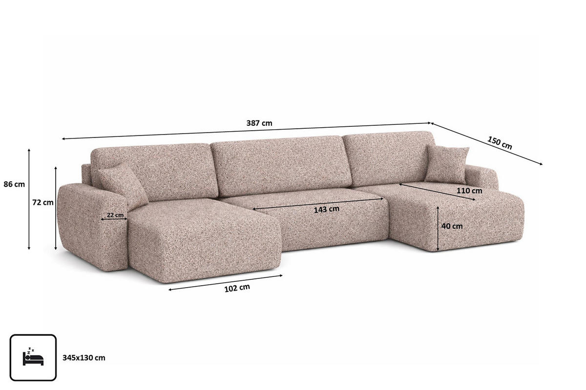 ECKSOFA Mit Schlaffunktion Und Bettkasten U-Form Ariel U XL, Chenille-Stoff Artico, Beige - Beige, Holz (387/142cm) - Kaiser Möbel
