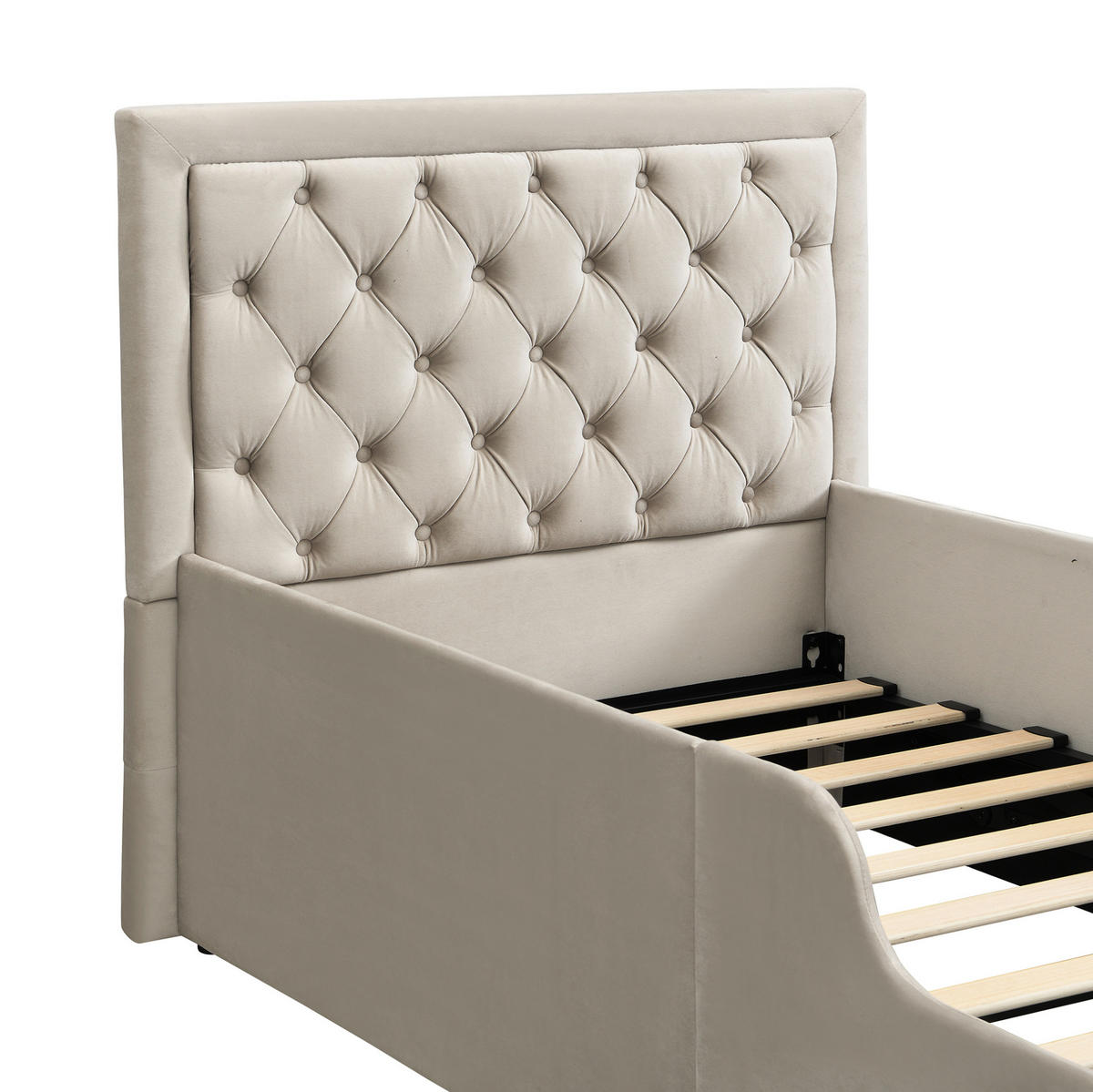 KINDERBETT aus Samt 90x200 cm Beige mit Lattenrost, hydraulischem Bettkasten und gepolsterten Armlehnen - Beige, Holzwerkstoff (90/200cm) - Modfu