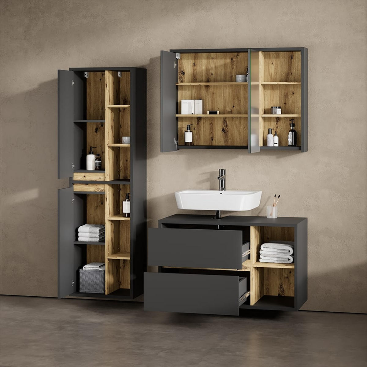 WASCHBECKENUNTERSCHRANK Vomano Anthrazit 100 x 60 cm - Anthrazit/Eiche Artisan, Holzwerkstoff (100/60/45.5cm) - Livinity®