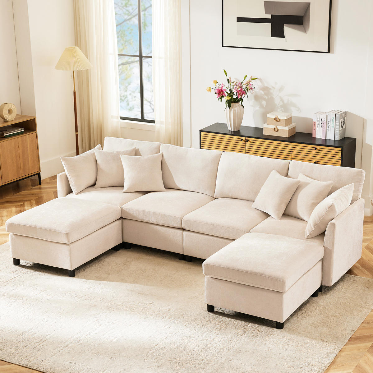 WOHNLANDSCHAFT 278/161/81 cm Beige mit 2 Fußhocker - Beige, Textil (278/81/161cm) - Oxeza