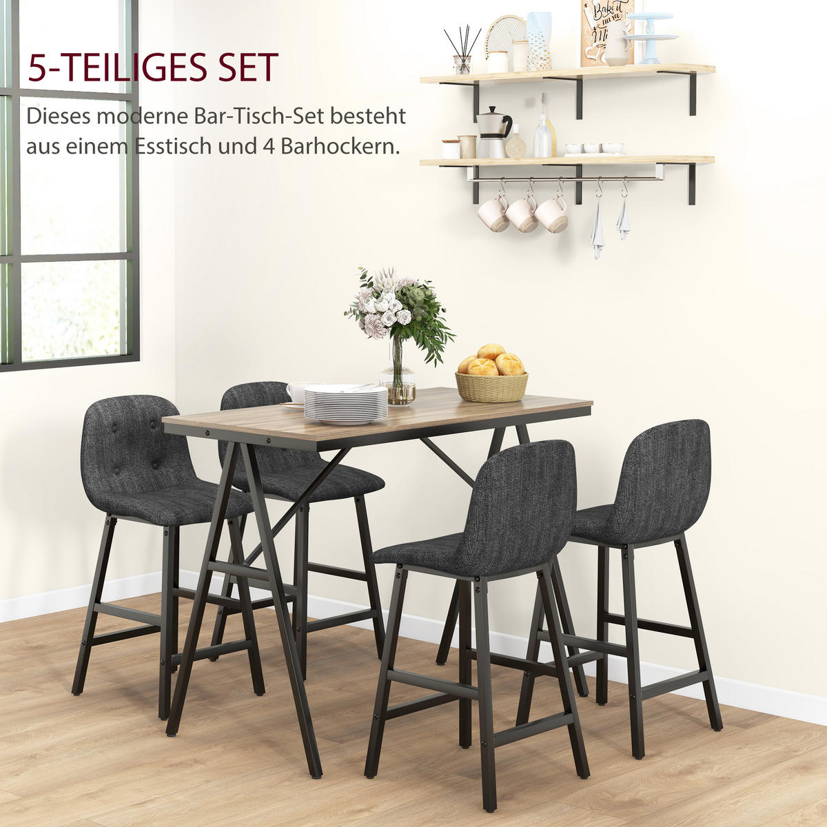 BARTISCH mit Barhocker Set, 5-teilig Essgruppe, Küchentisch, Bartisch Set, Braun - Dunkelgrau, Holzwerkstoff/Kunststoff (60/91/120cm) - HOMCOM