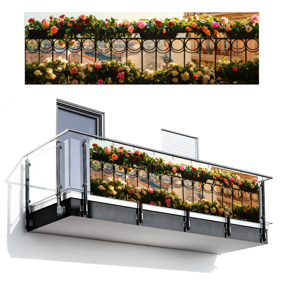 BALKON-SICHTSCHUTZ Blumen - Zaun - Stadtbild - Sommer - Pink, Kunststoff (300/90cm) - MuchoWow