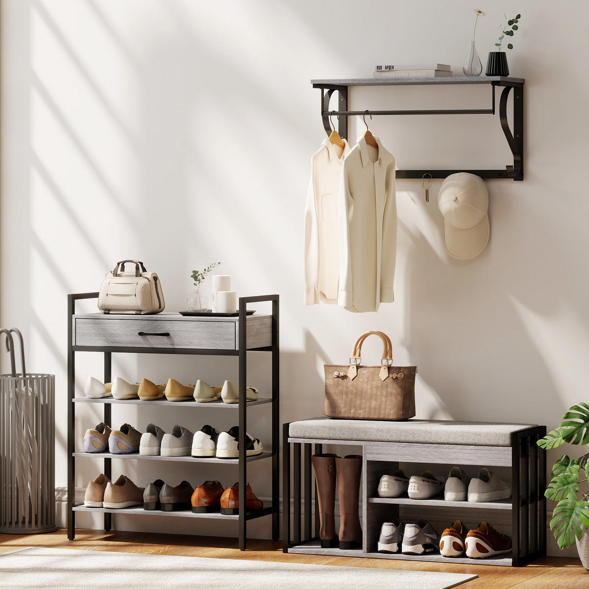 SCHUHREGAL 4 Ebenen Wandgarderobe mit Ablage 5 Haken und Stange gepolstert - Schwarz/Grau, Holzwerkstoff/Metall (30/87.6/70cm)