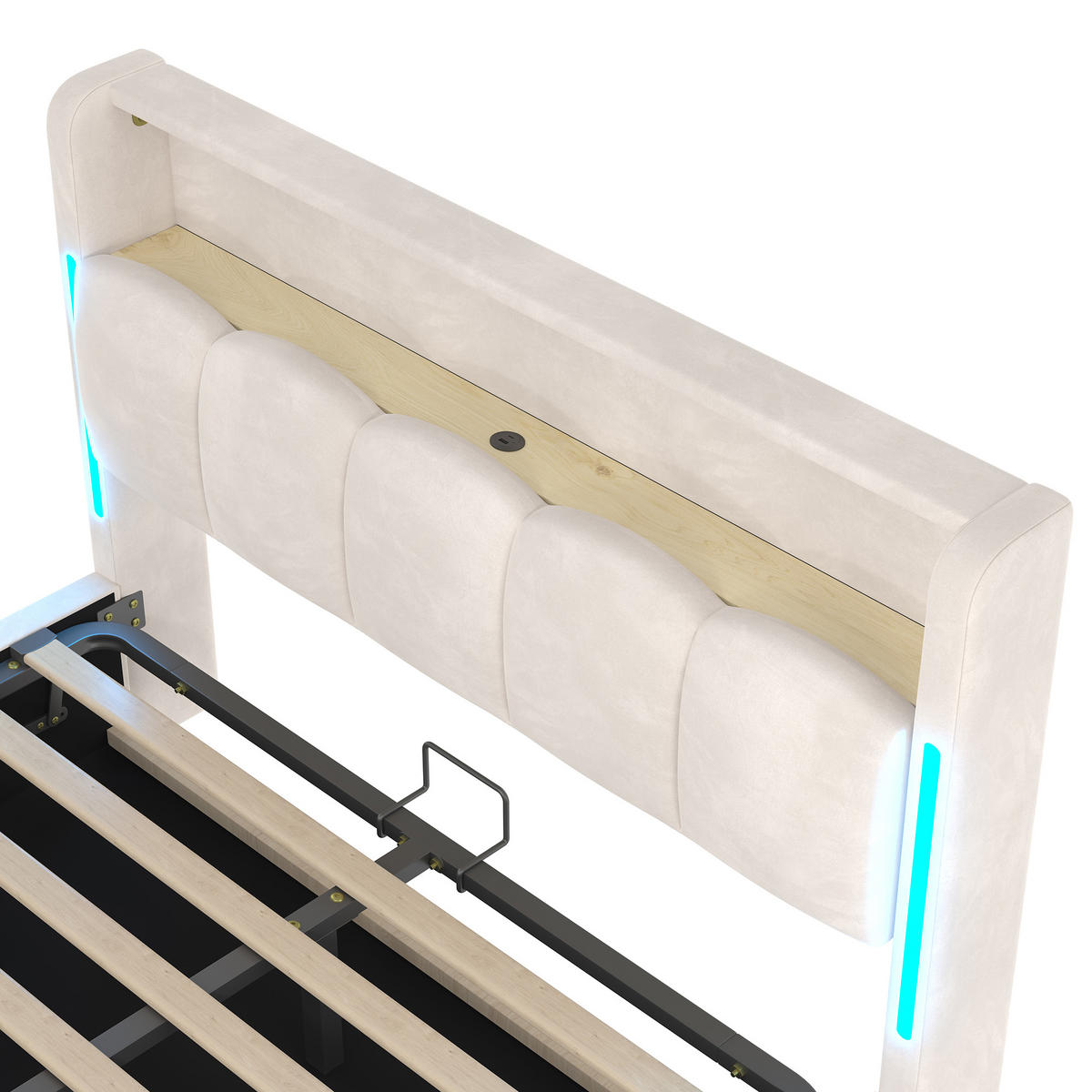 POLSTERBETT 140x200cm Beige Samt LED-Licht Kopfteil Hydraulik USB-C - Beige, Holz (140/200cm) - FLIEKS