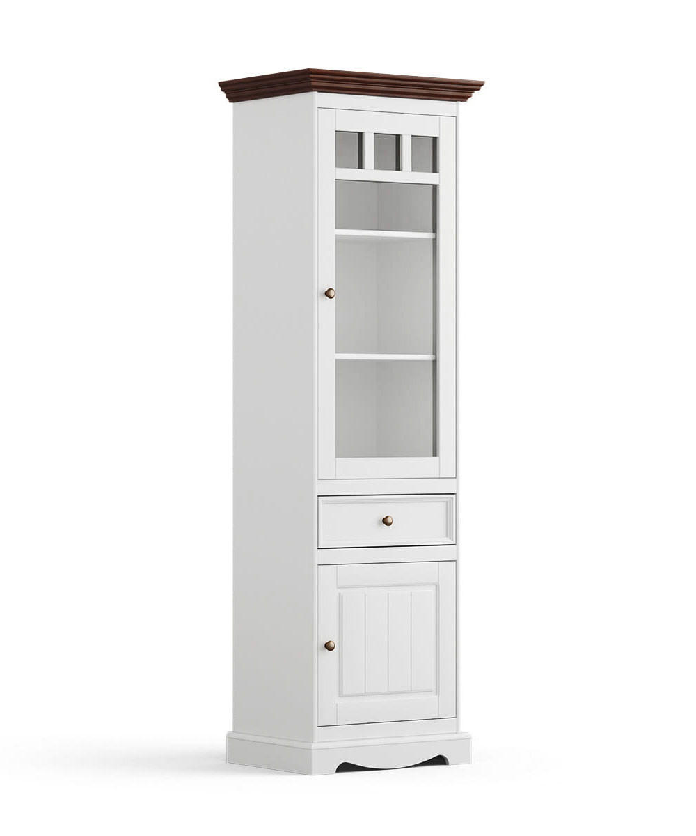 VITRINE Belluno Elegante Kiefer weiß (RAL9010) lackiert / Kiefer gebeizt, Nussbaumfarben 59,5 / 44 / 190cm - Nussbaumfarben/Weiß, Holz/Metall (60/190/44cm) - Feldmann-Wohnen