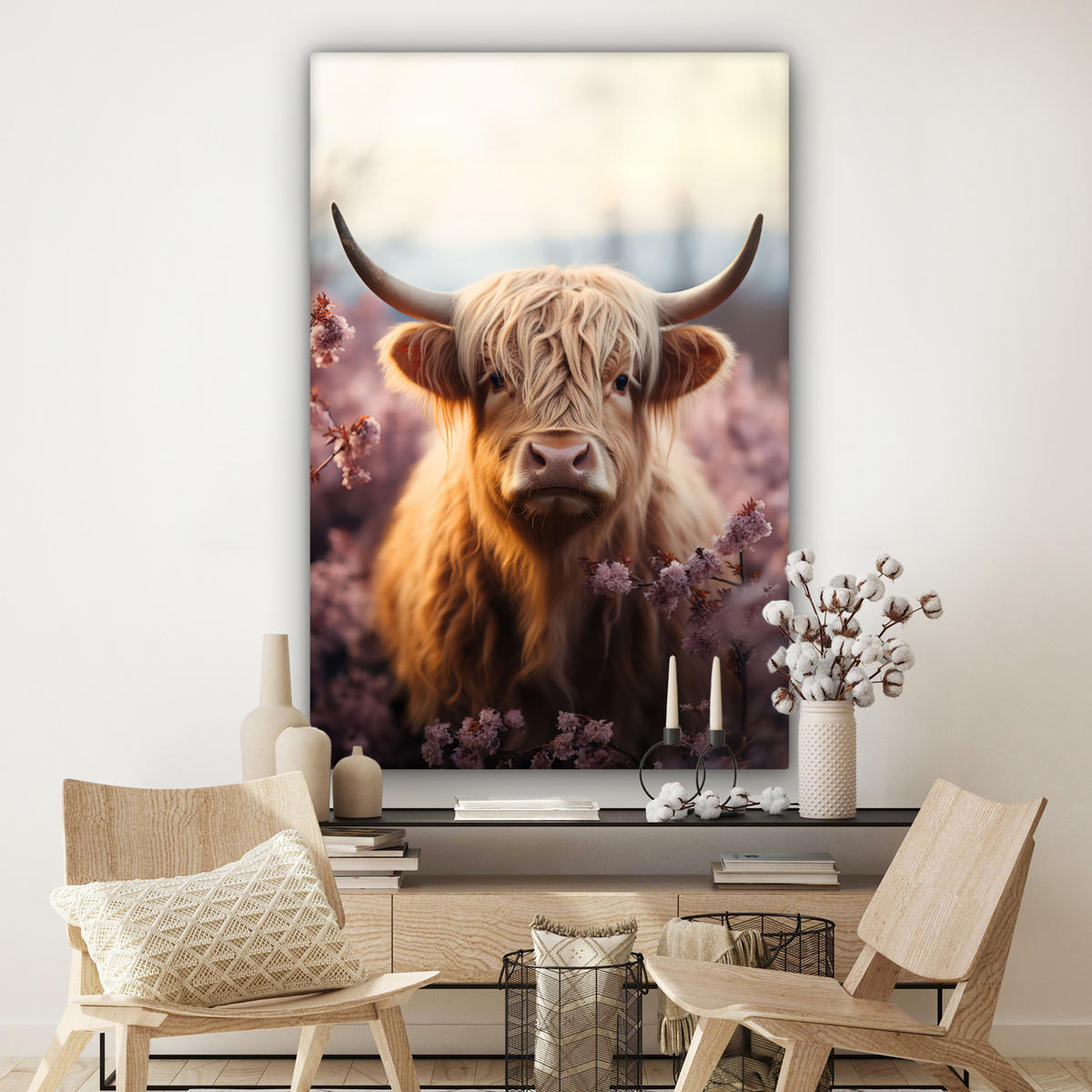 LEINWANDBILD Schottischer Hochländer - Frühling - Hochland Deko Groß 90x140 cm - Hellrosa, Textil (90/140cm) - MuchoWow