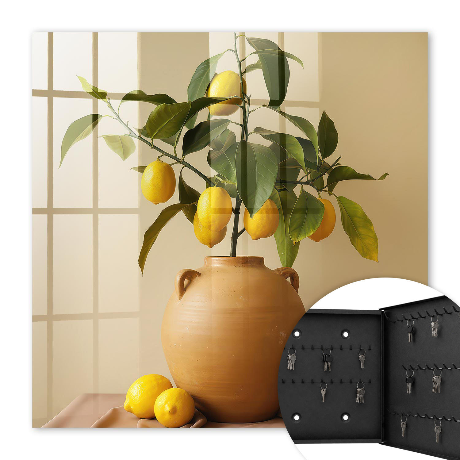 SCHLÜSSELBOX Schwarz 30x30 cm- Türöffnung nach rechts - Zitronen in einem Krug - Gelb, Metall (30/30/5cm) - TULUP