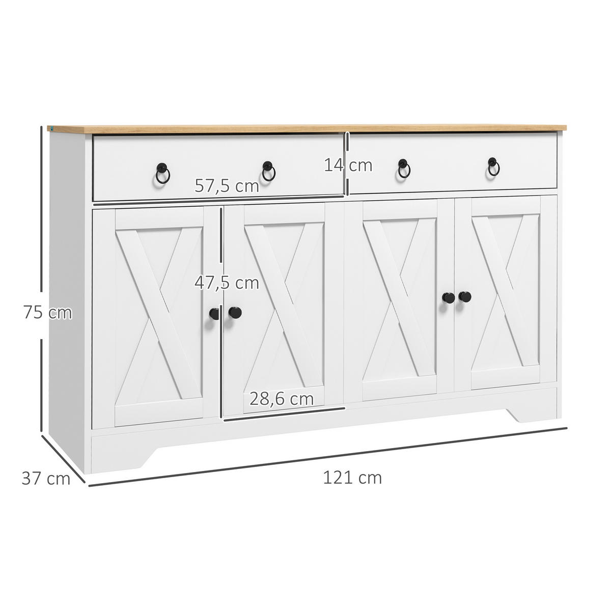 SIDEBOARD Weiß, 2 Türen, 2 Schubladen, 121/37/75 cm - Weiß, Holz (121/75/37cm) - PANGIVO