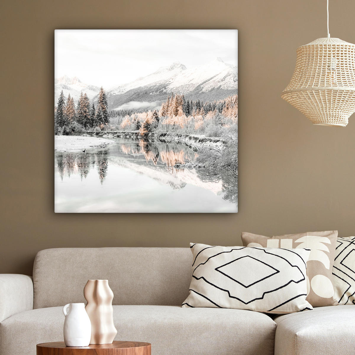 LEINWANDBILD Natur - Winter - Bäume - Berge - Schnee 90x90 cm - Weiß Hochglanz, Textil (90/90cm) - MuchoWow