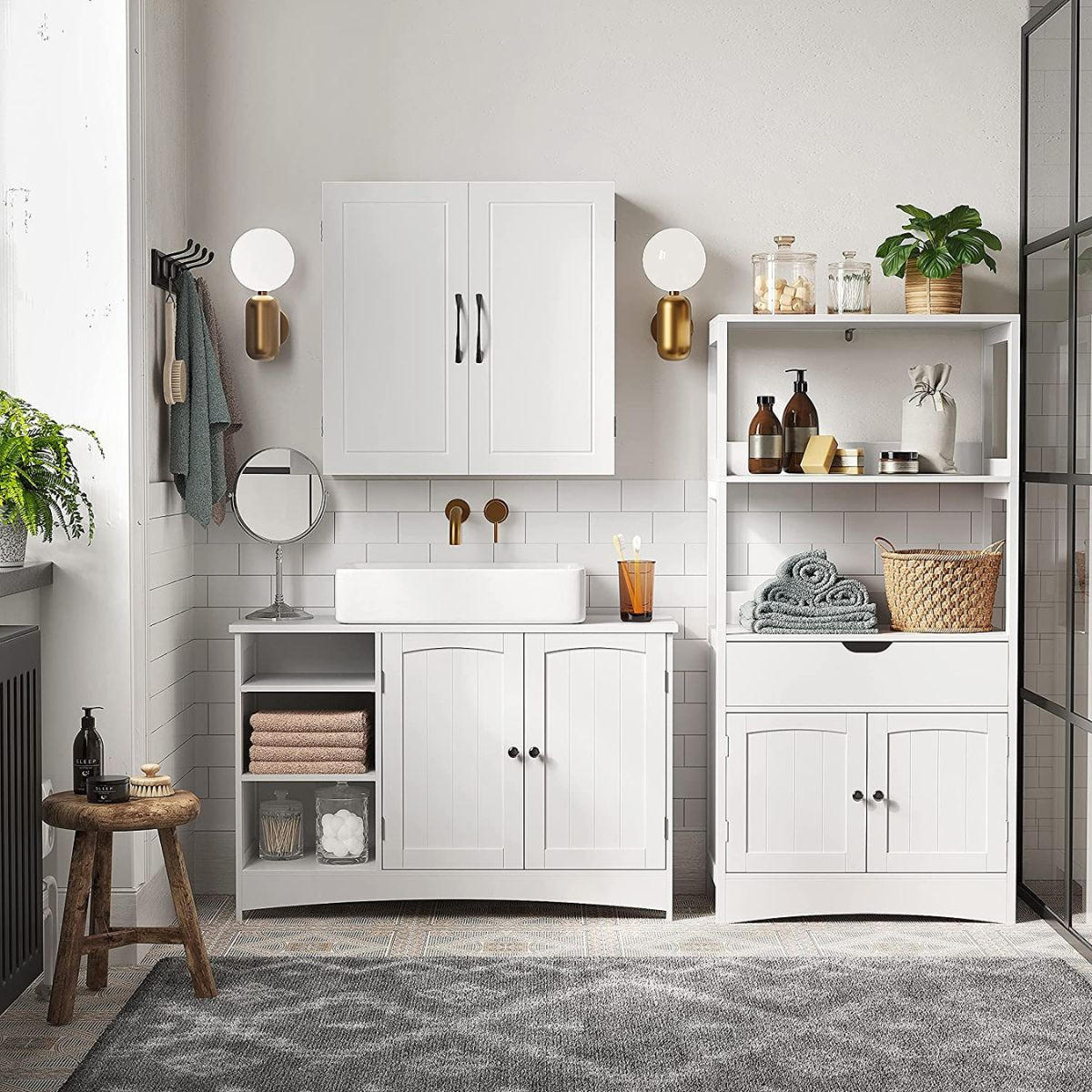 WASCHBECKENUNTERSCHRANK Weiß 2 Türen 3 Nischen - L90 cm - Weiß, Holzwerkstoff (30/60/90cm) - Calicosy