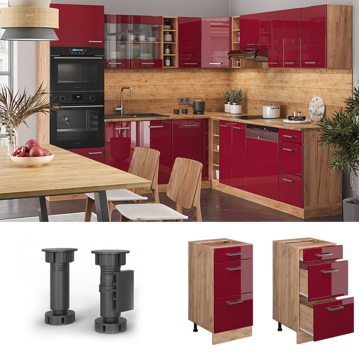 KÜCHENUNTERSCHRANK R-Line Rot Hochglanz 40 cm mit Schubladen, AP Anthrazit - Eiche Wotan/Rot, Holzwerkstoff (40/81.6/60cm) - Vicco