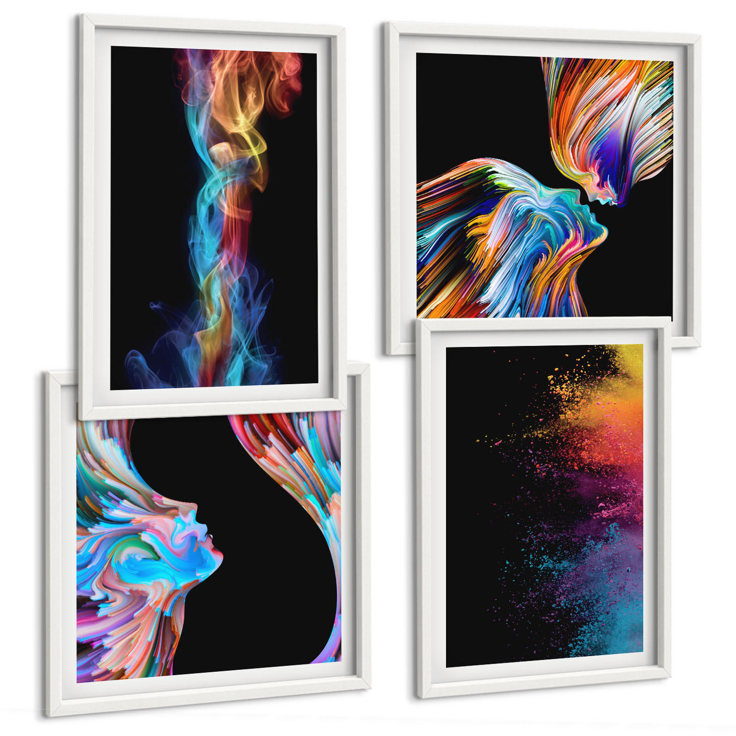 BILDER SET 4er Set - 50x50 cm & 40x60 cm Weißer Rahmen - Farbenfrohe Abstraktionen, Gesichter, Formen - Weiß, Kunststoff (50/50cm) - TULUP