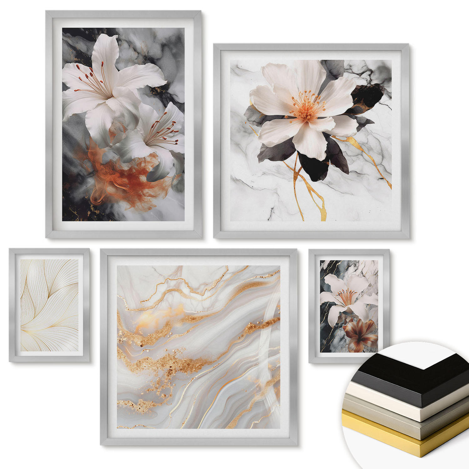 WANDBILDER 5er Set - 50x50 cm & 20x30 cm & 40x60 cm Silberner Rahmen - Blumen Marmor weiß schwarz - Silberfarben, Kunststoff (40/60cm) - ArtPrintCave