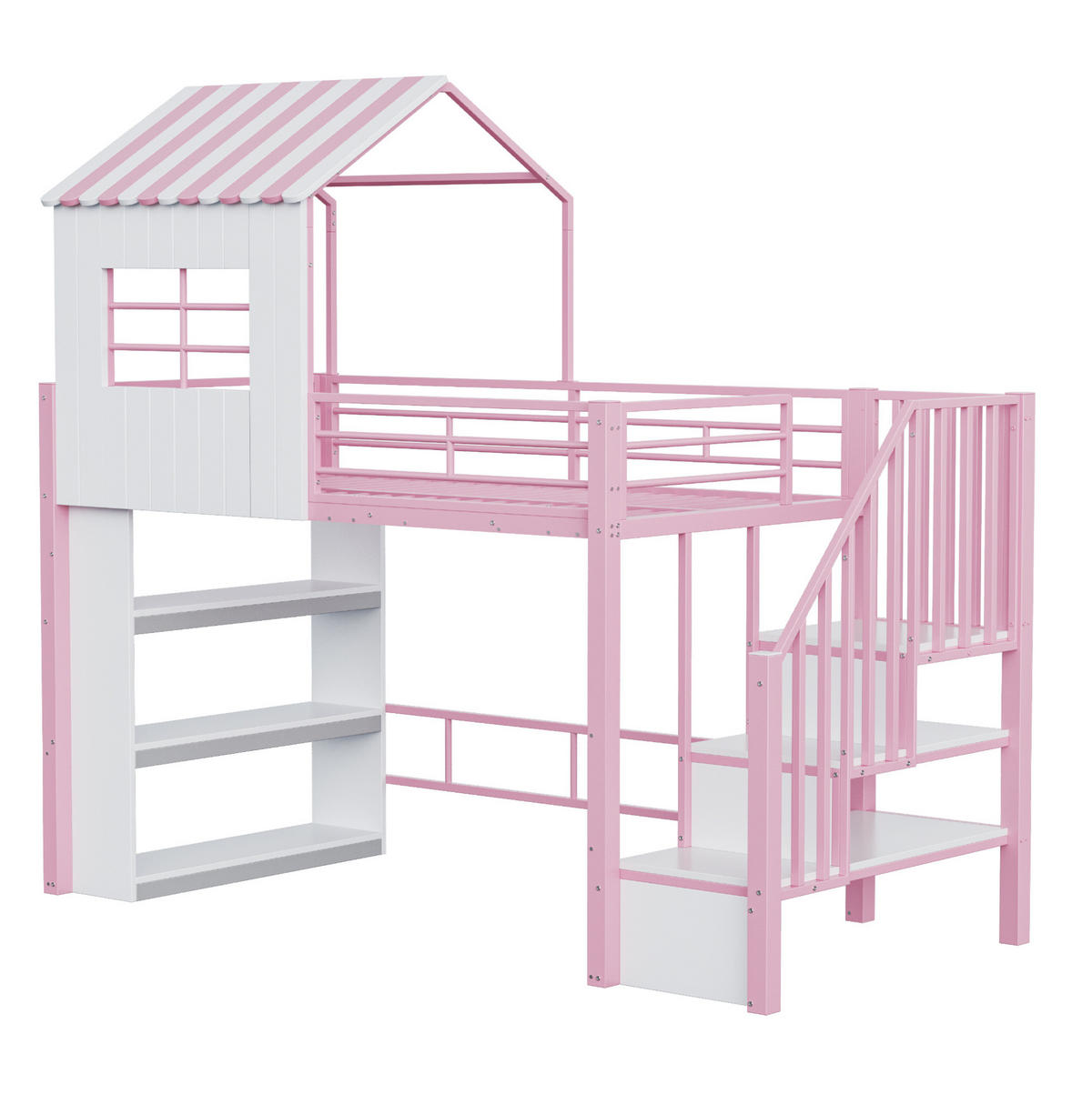 HOCHBETT 90/200 cm aus Metall und MDF mit Stauraumtreppe, Regal und Freiraum unter dem Bett, Rosa/Weiß - Rosa, Metall (90/200cm) - Redom