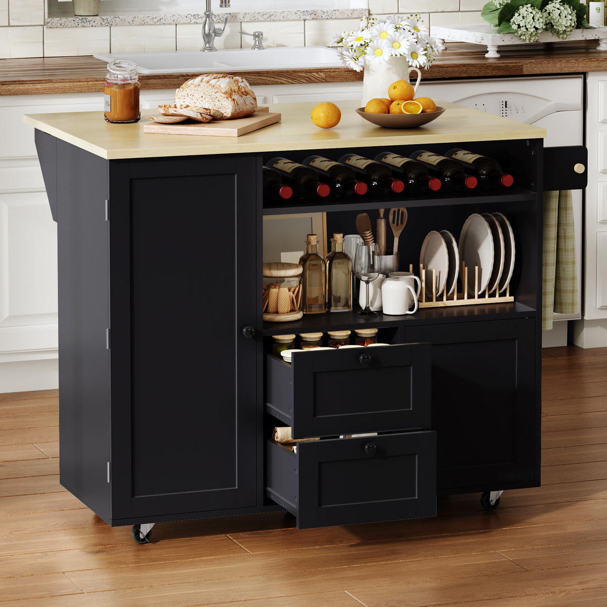 KÜCHENINSEL 89 cm MDF Natur Schwarz mit Klappbarer Arbeitsplatte und Weinregal - Schwarz, Holzwerkstoff (69/89/104cm) - Korfee