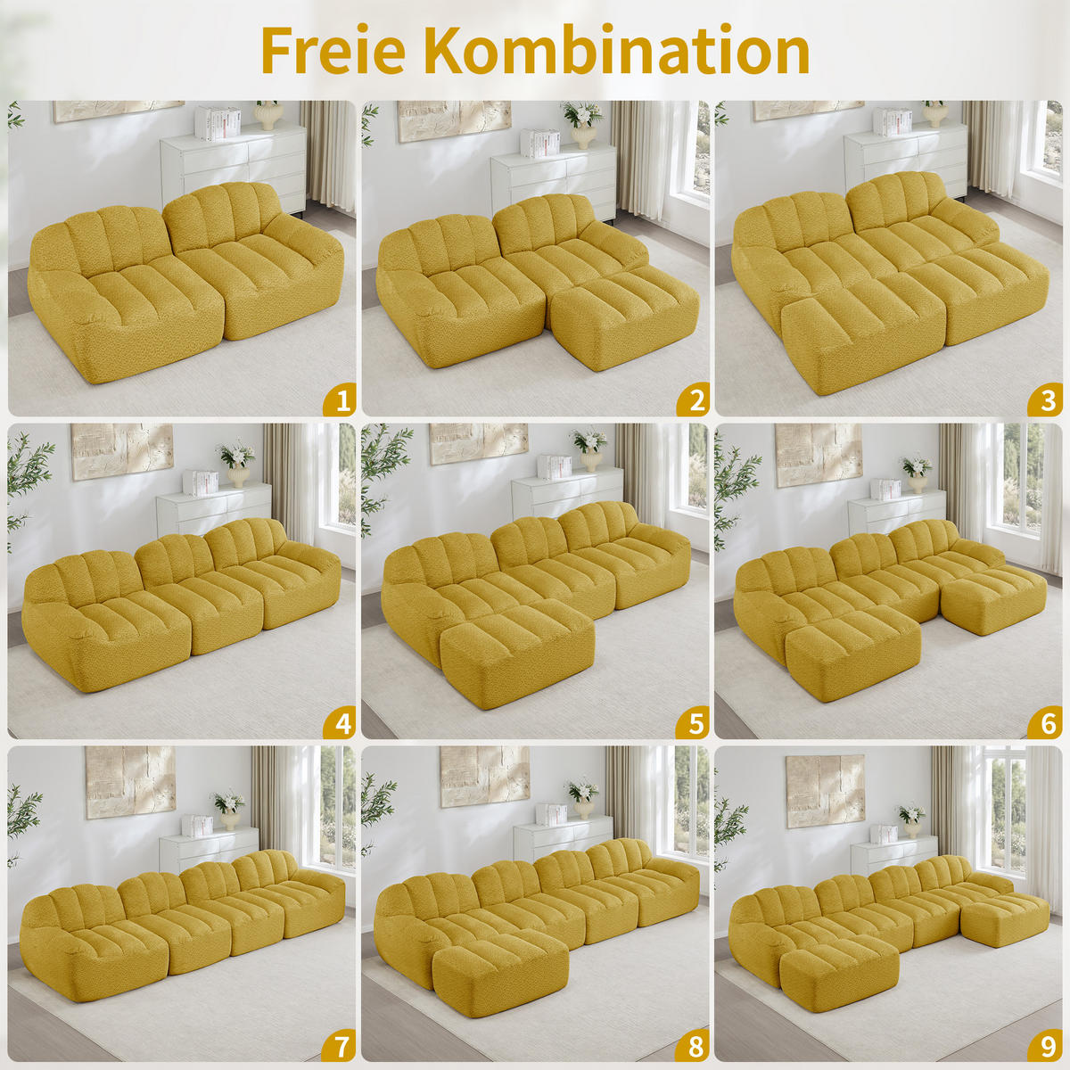 4-SITZER Sofa 366x165x79 cm aus granuliertem Fleece rahmenlos modular mit 2 Ottomans, gelb - Gelb, Textil (165/79/366cm) - Luhomfu