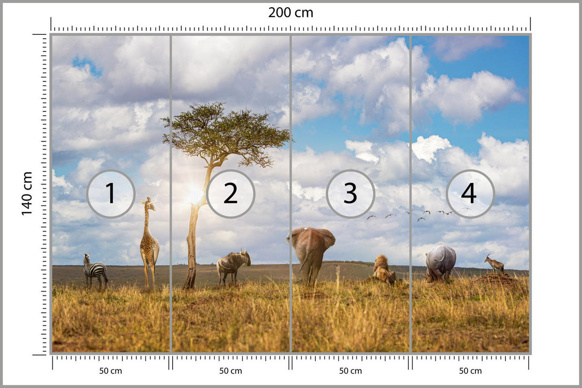 FOTOTAPETE für Kinderzimmer Safari Tiere Elefant Giraffe Löwe 200x140 - Beige/Braun, Papier (200/140cm) - Muralo