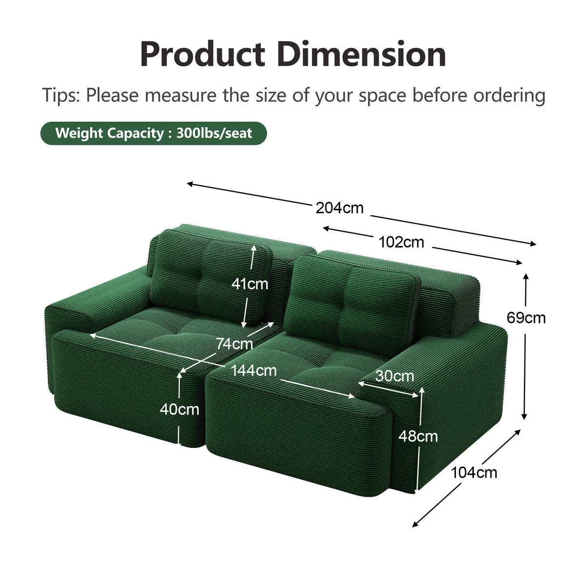 SOFA aus Cordstoff mit Tiefsitz Modulares für Wohnzimmer, grün - Grün, Textil (104/69/204cm) - Luhomfu