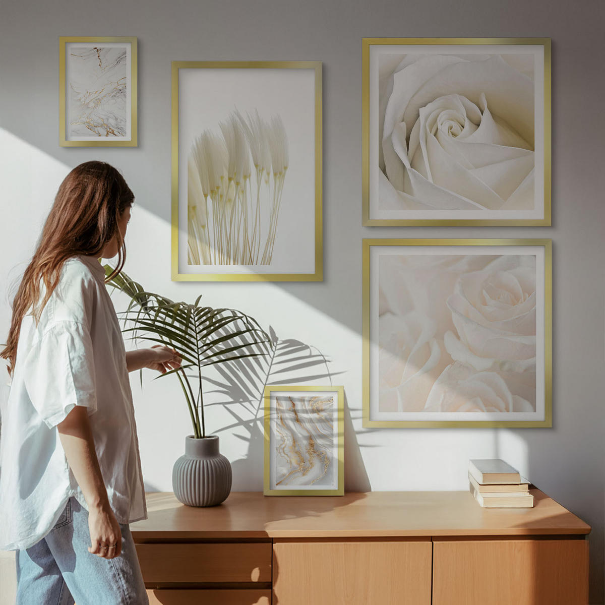 BILDER SET 5er Set - 50x50 cm & 20x30 cm & 40x60 cm Goldrahmen - Elegante Marmormuster - Goldfarben, Kunststoff (40/60cm) - TULUP