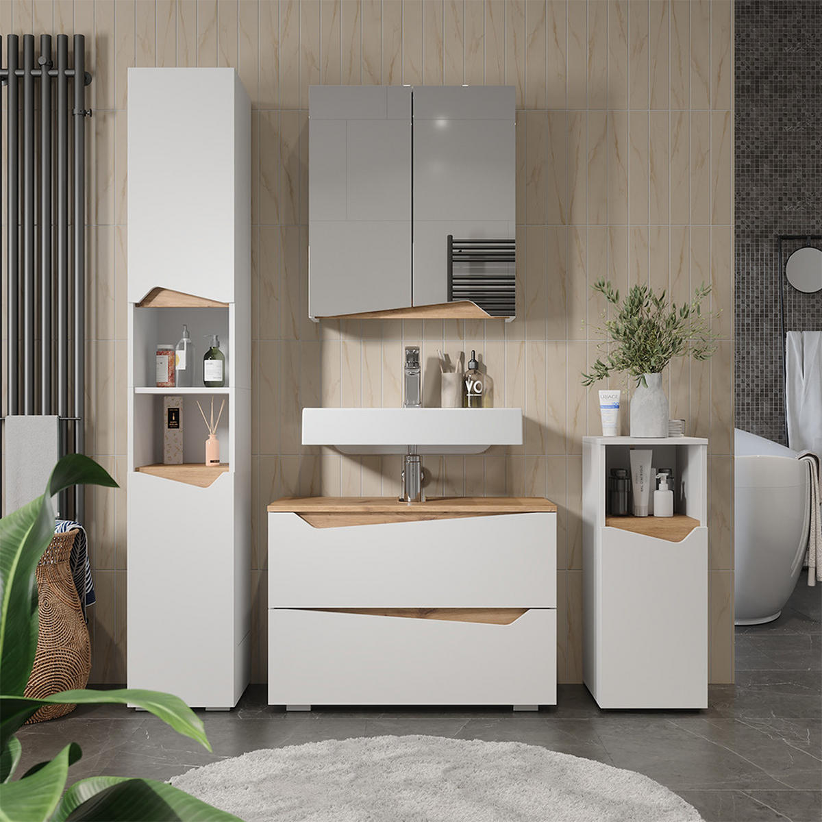 WASCHBECKENUNTERSCHRANK Marelle Weiß/Artisan 80 x 57.5 cm mit 2 Schubladen - Weiß/Eiche Artisan, Holzwerkstoff (80/57.5/35cm) - Vicco