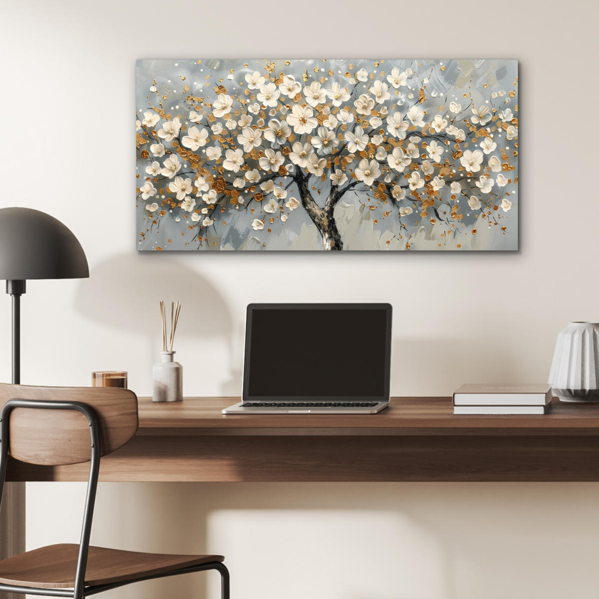KOVOVÝ OBRAZ Strom - Kvety - Biela - Príroda - Umenie 80x40 cm - biela, kov (80/40cm) - MuchoWow