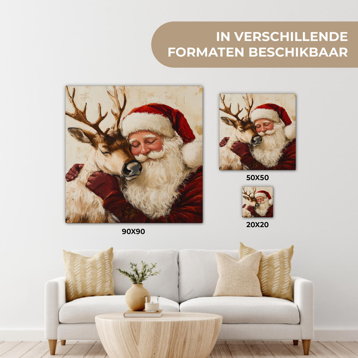 LEINWANDBILD Weihnachtsmann - Rentier - Weihnachten Deko Groß 90x90 cm - Rotbraun, Textil (90/90cm) - MuchoWow