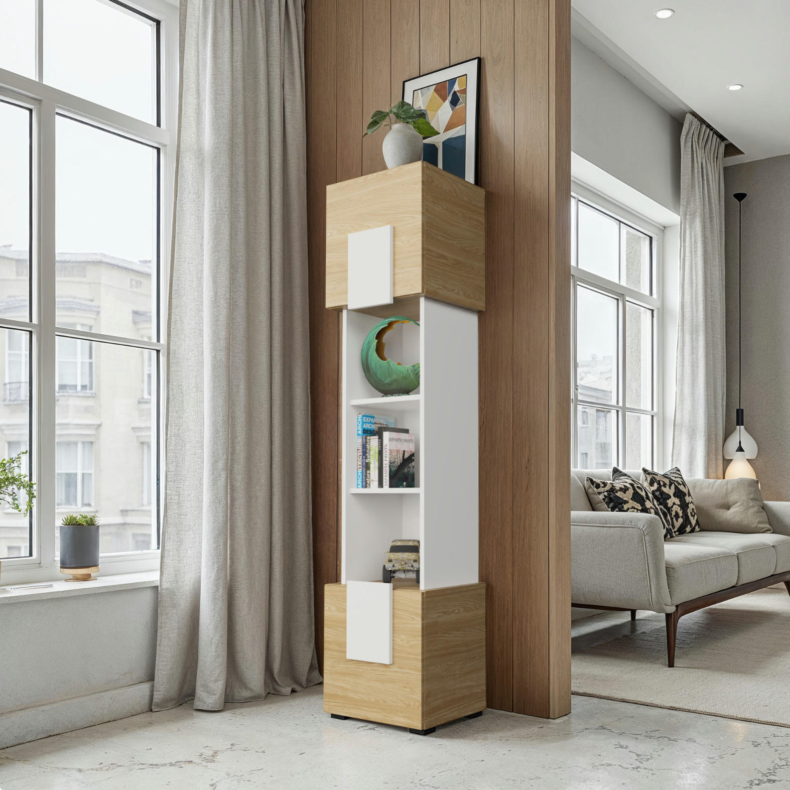 HIGHBOARD TORINO Hängend + Stehend, Mattes Finish, Arktisches Weiß, Ölbehandelt Eiche - Eichefarben/Weiß, Holzwerkstoff/Kunststoff (39/172/35cm) - Komodee