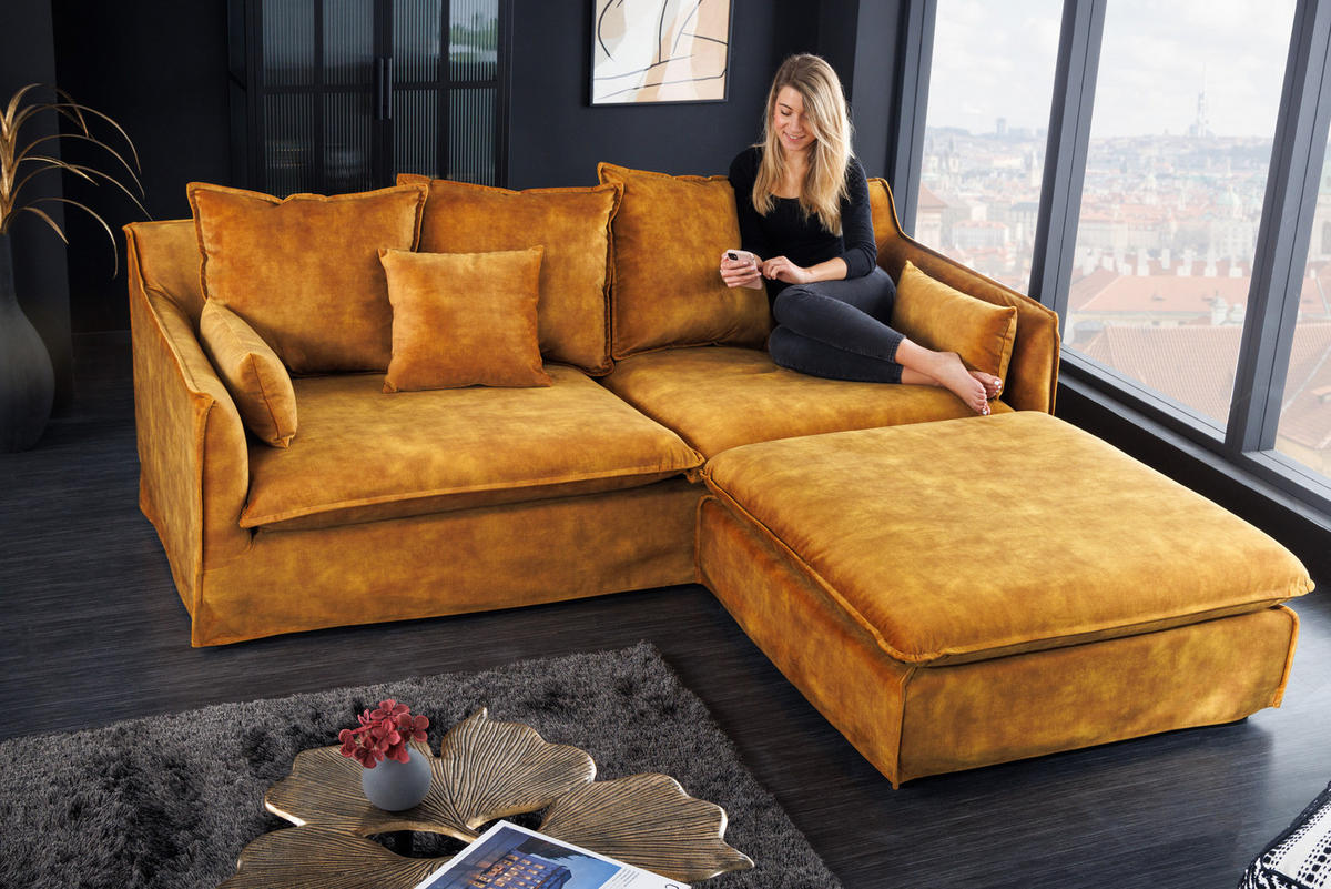 HOCKER HEAVEN Samt Senfgelb 100 cm - Gelb/Schwarz, Holz/Textil (100/42/100cm) - riess-ambiente