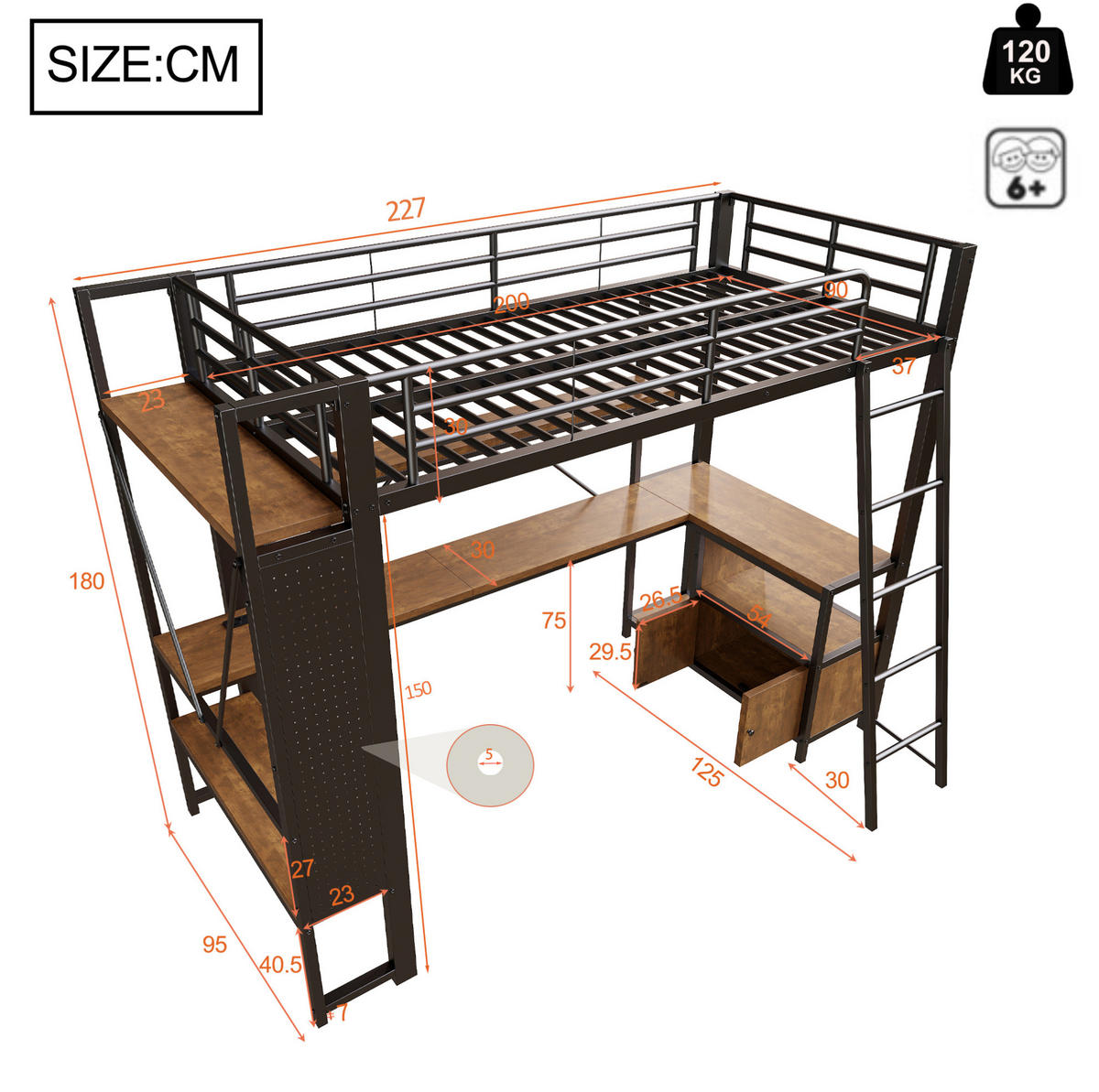 HOCHBETT 90/200 cm mit Schreibtisch, LED-Lichtleiste, USB-Anschluss und Stauraum, Schwarz - Schwarz, Metall (90/200cm) - Redom
